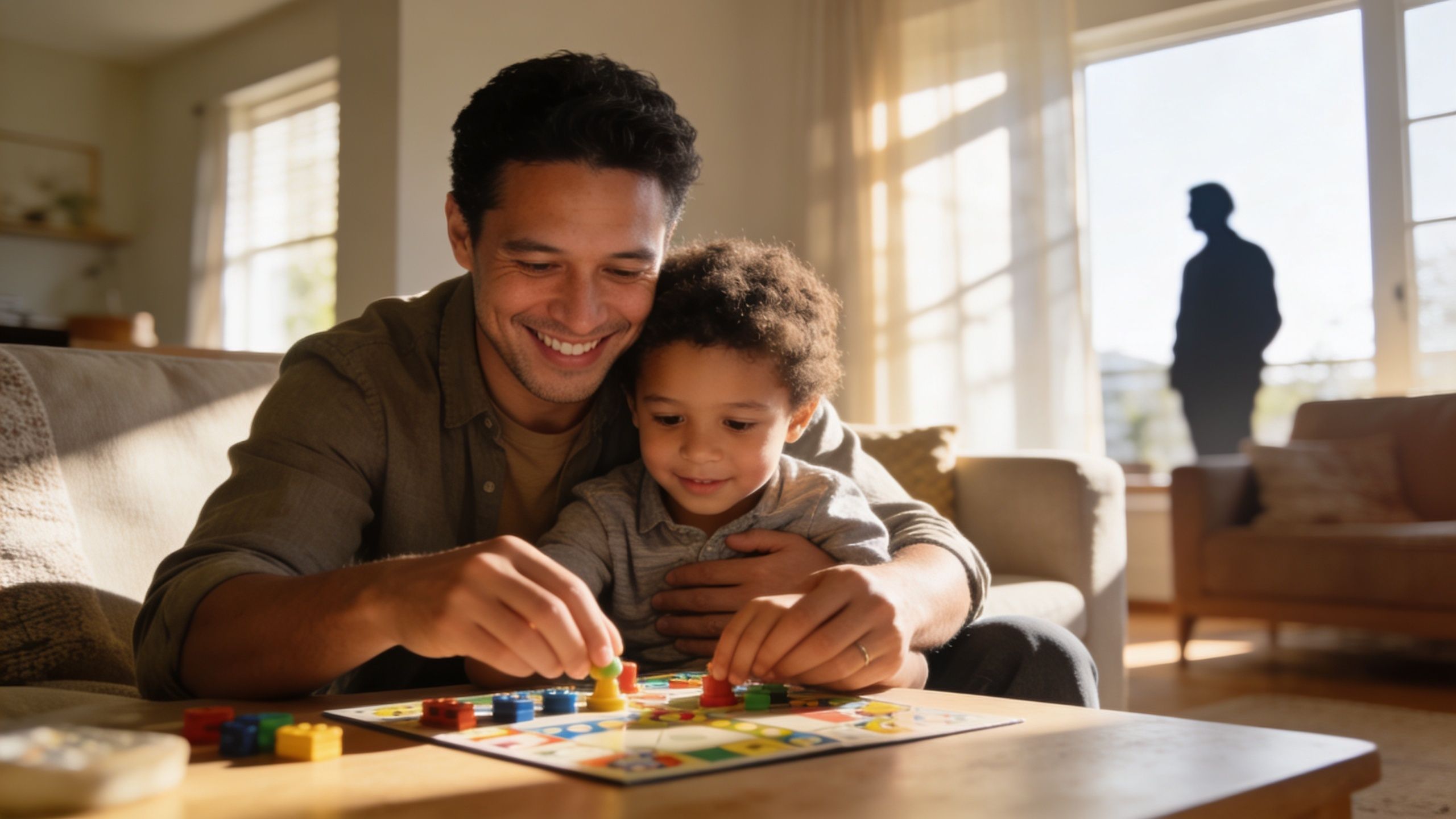 A father and his young son playing a board game together in a bright, cozy living room.