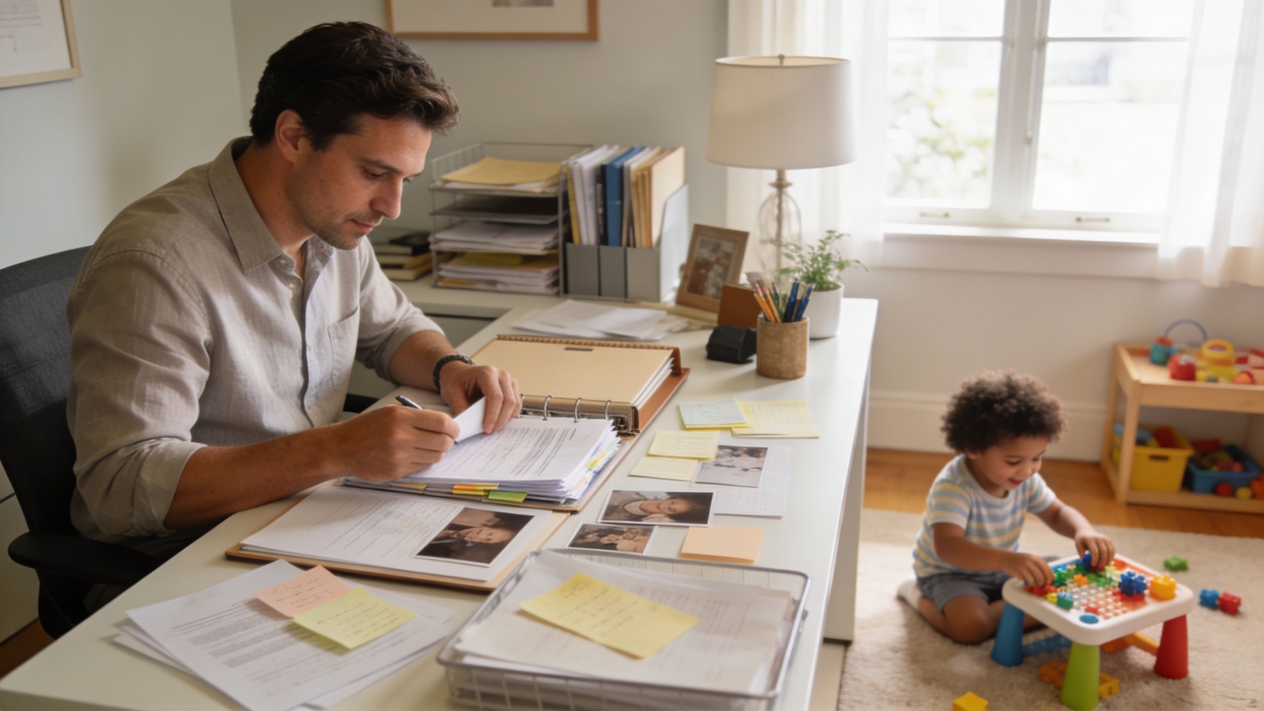 A father works at his desk on legal paperwork while his toddler plays with blocks nearby.