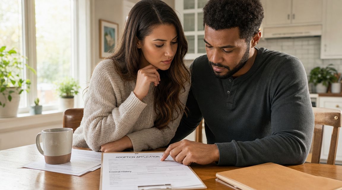 A couple sitting at a wooden table reviewing an adoption application document together at home.