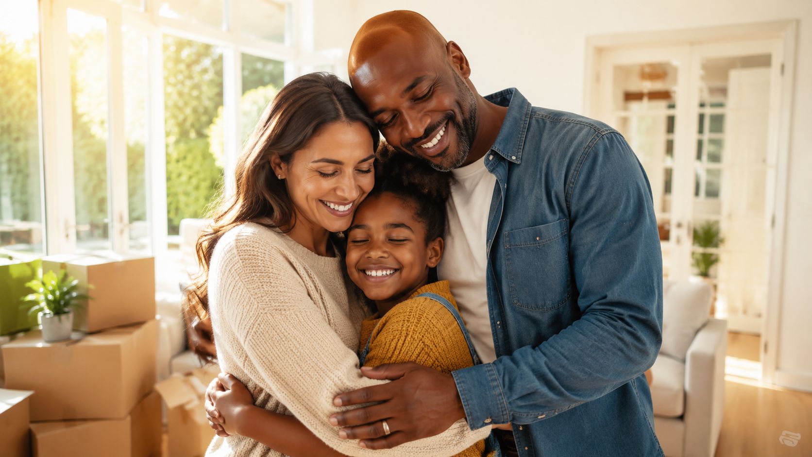 A happy multi-ethnic family embracing each other in their new home surrounded by moving boxes.