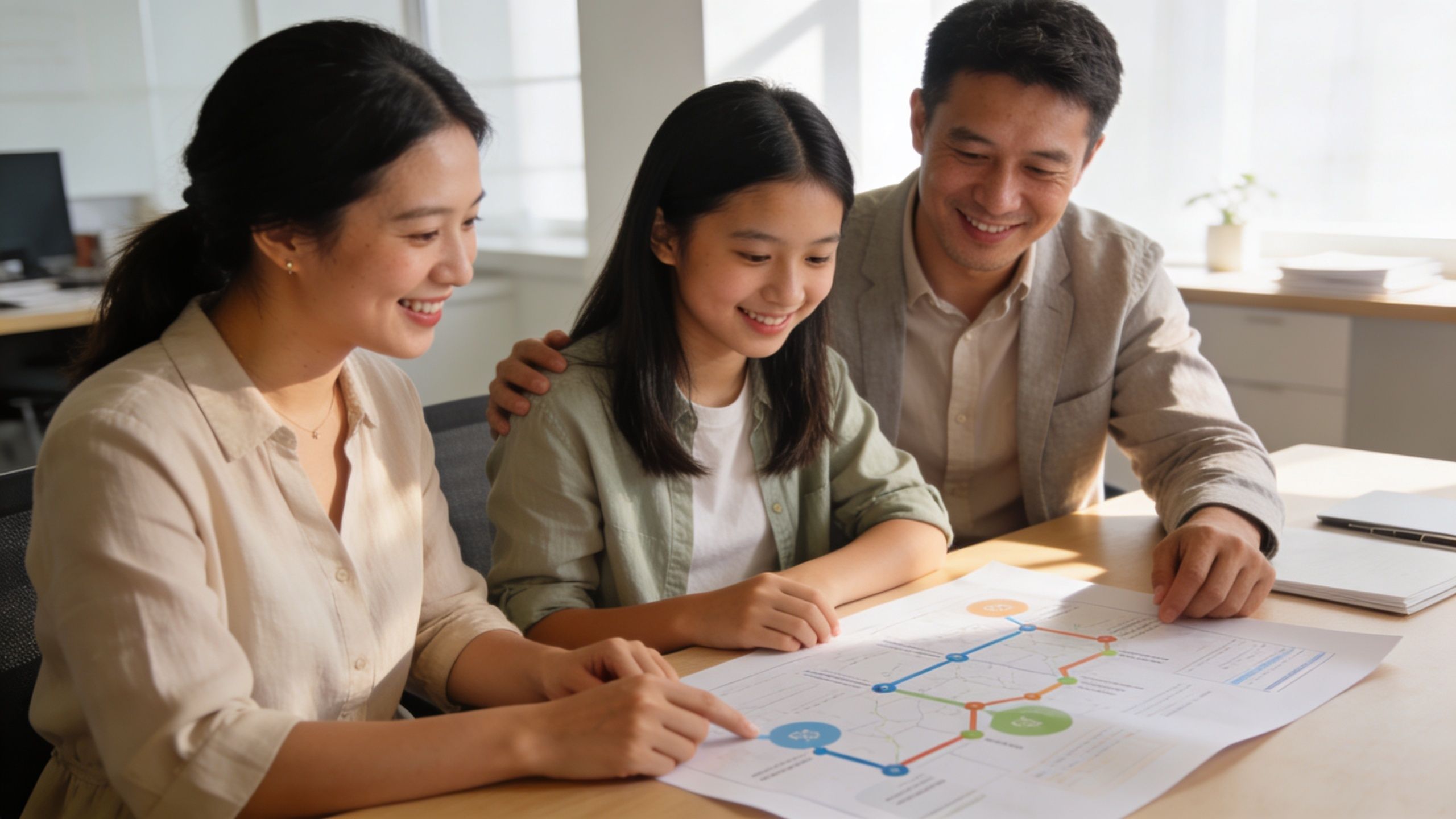 A family of three smiling while reviewing a colorful flow chart on a wooden office desk.