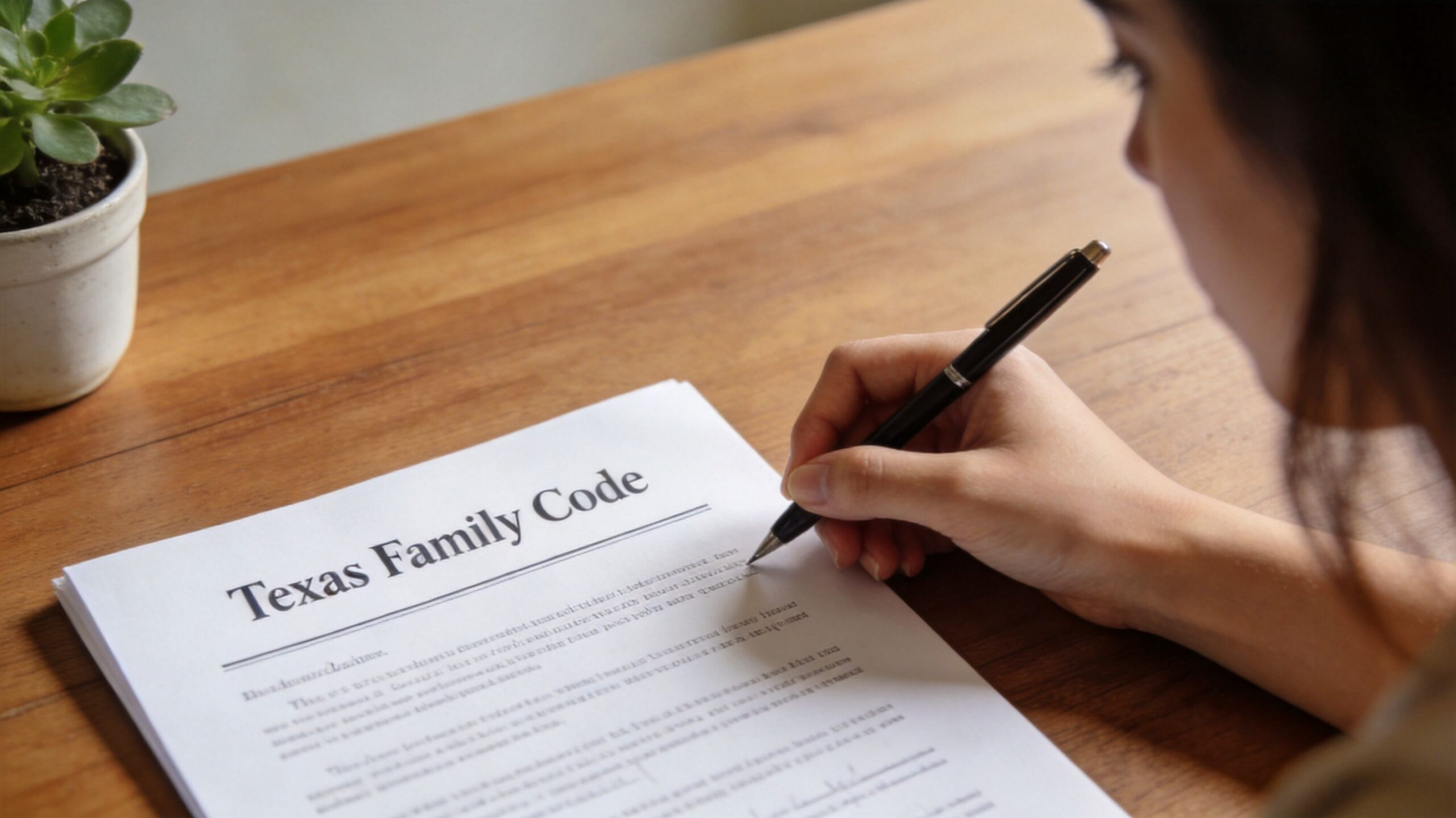 A person writing on a document titled Texas Family Code with a black pen on a wooden desk.