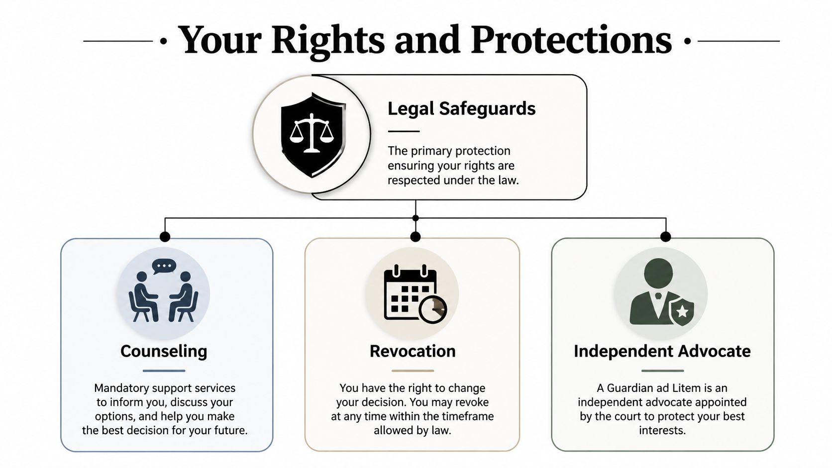 A diagram outlining legal safeguards, counseling services, revocation rights, and the role of an independent advocate for birth mothers.