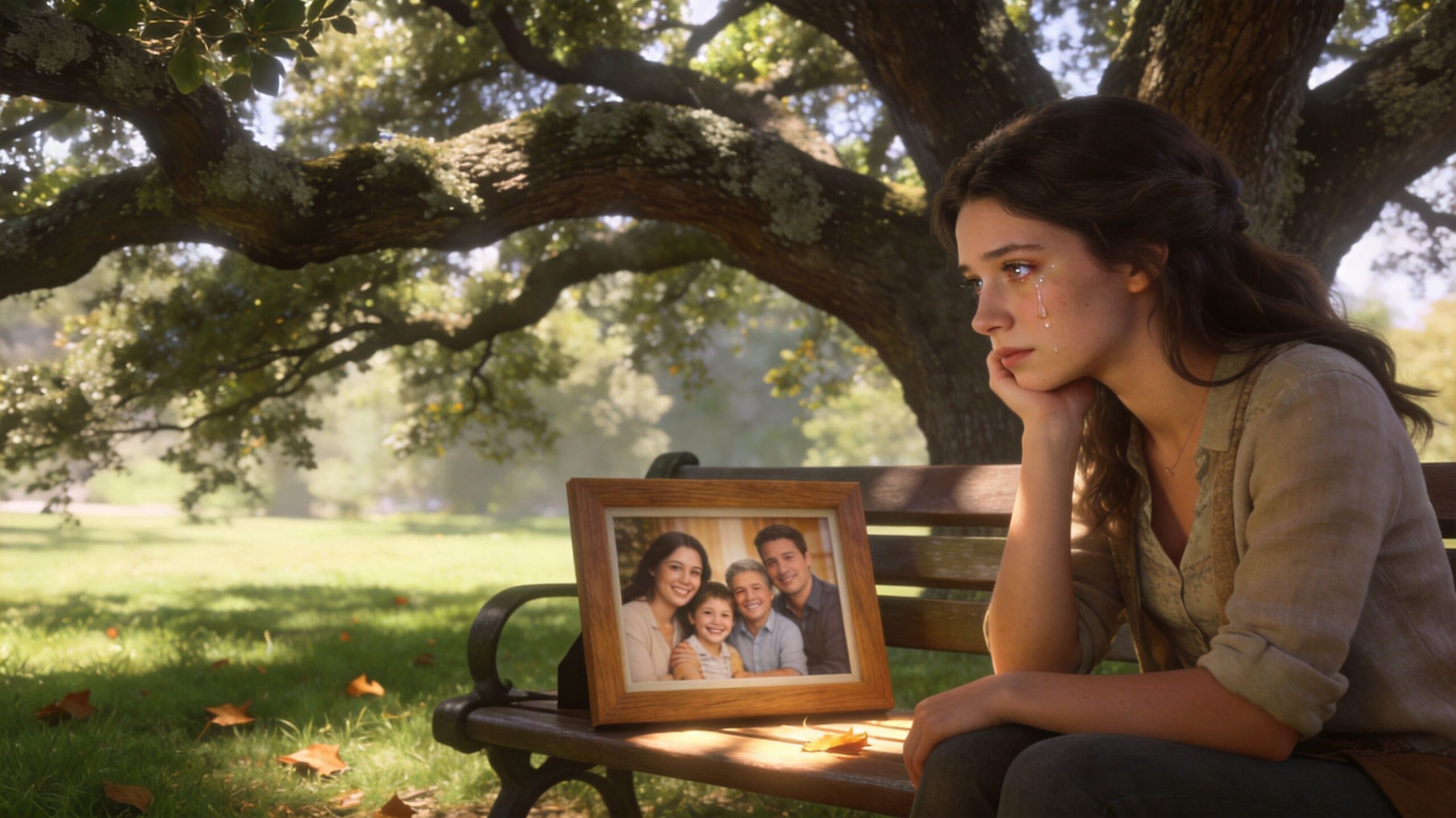 A sorrowful young woman sits on a park bench next to a framed family photograph.
