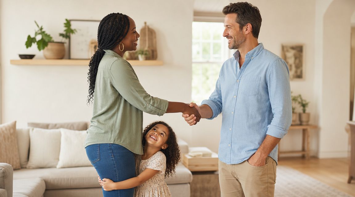 A woman and a man shaking hands in a bright living room while a little girl hugs the woman.