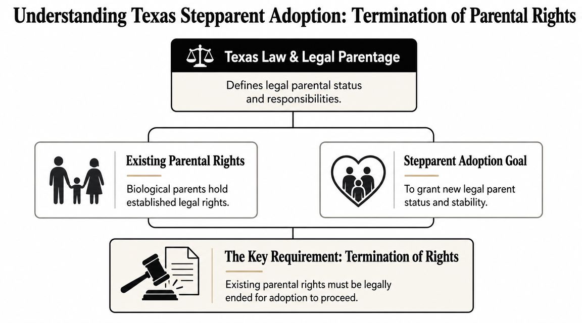 A diagram outlining the legal requirements for stepparent adoption in Texas, including the termination of parental rights.