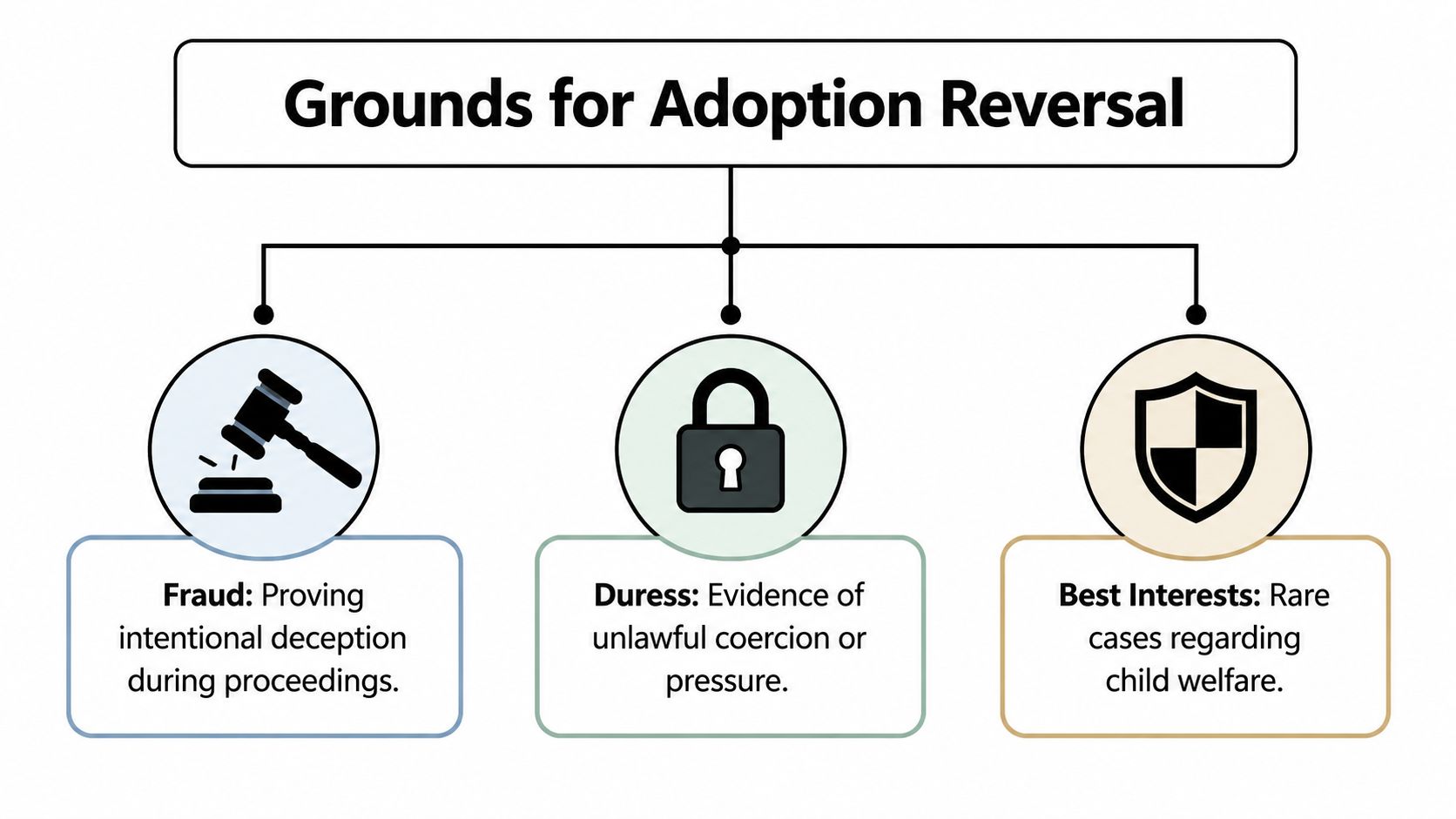 An infographic outlining three legal grounds for adoption reversal: fraud, duress, and child best interests.