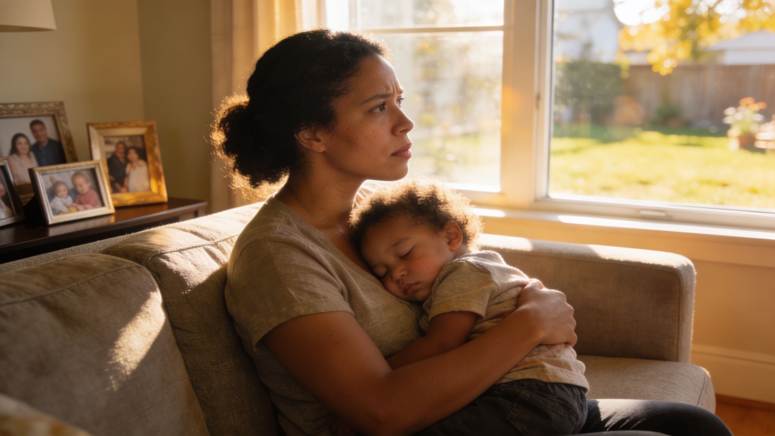 A concerned mother holding her sleeping toddler while sitting on a couch near a sunny window.