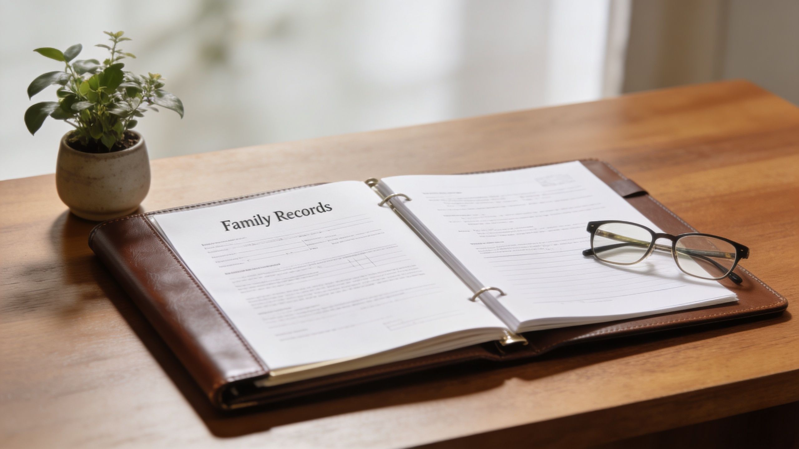 An open binder labeled Family Records with a pair of reading glasses resting on top of blank pages.