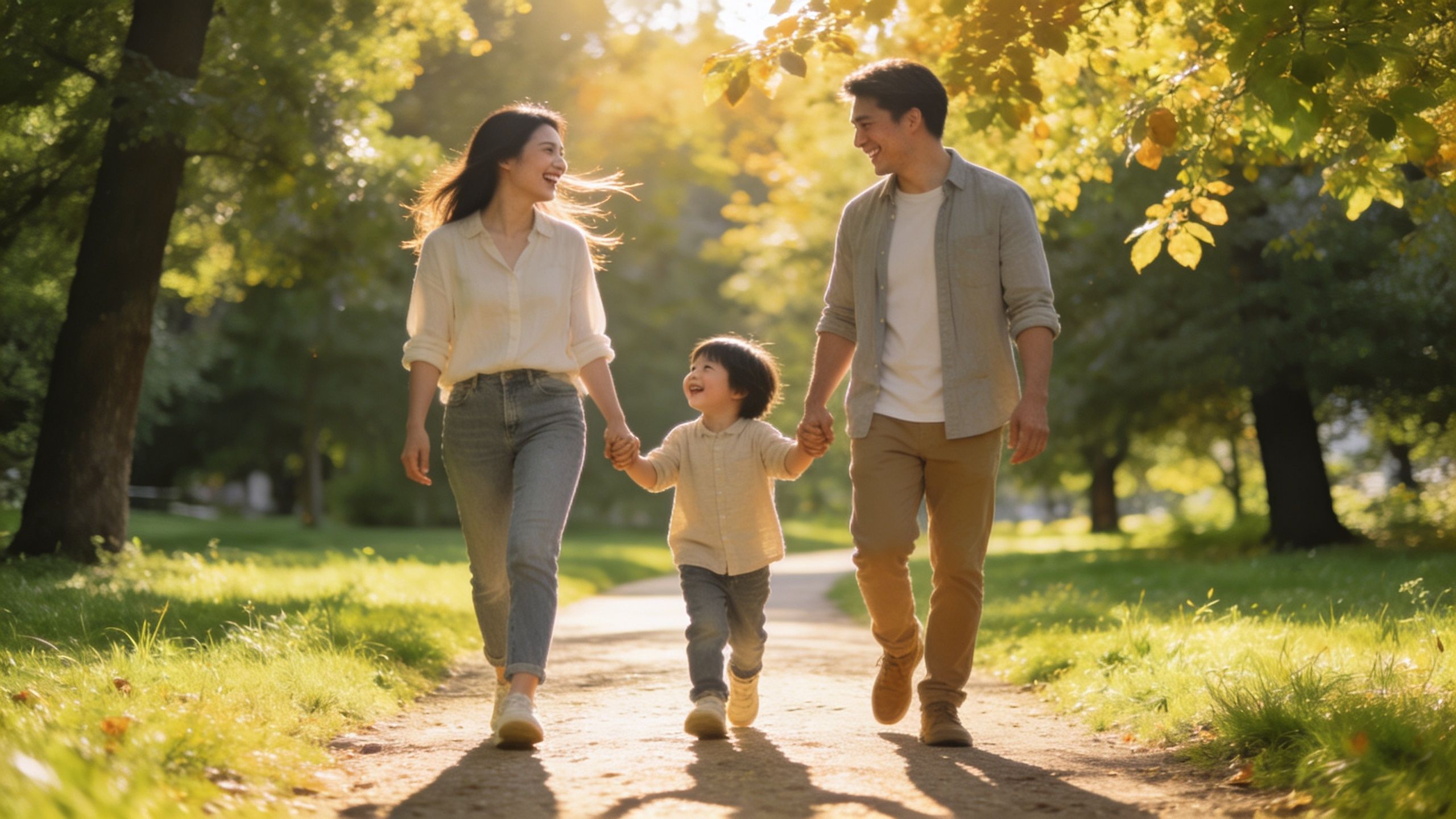 A happy family holding hands and walking together along a sunny pathway in a lush green park.