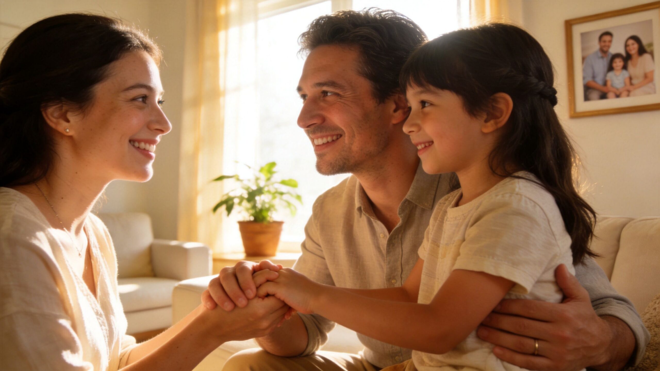A loving family consisting of a mother, father, and young daughter holding hands together indoors.