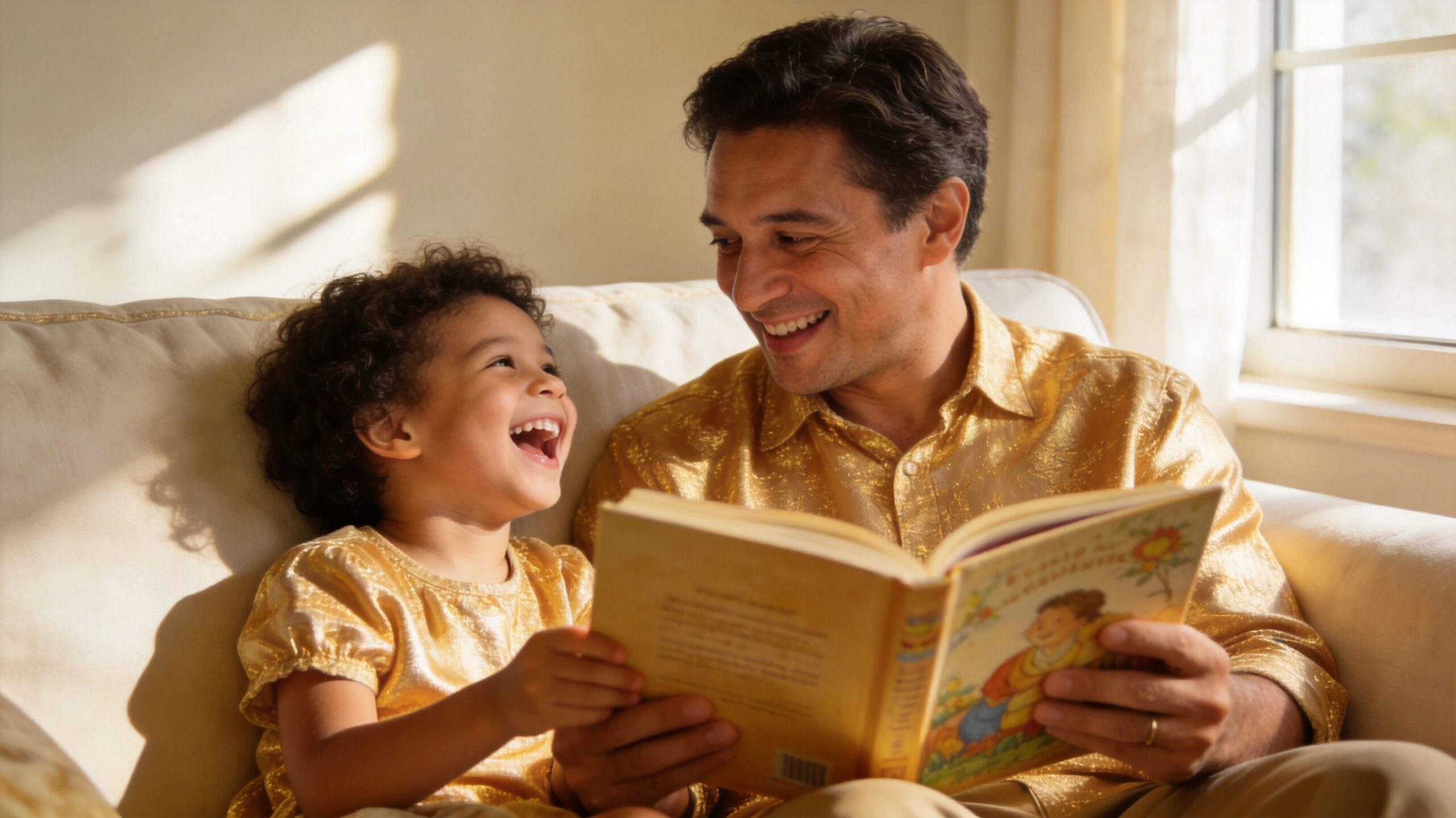 A happy father and his young daughter smiling while reading a book together on a sofa.