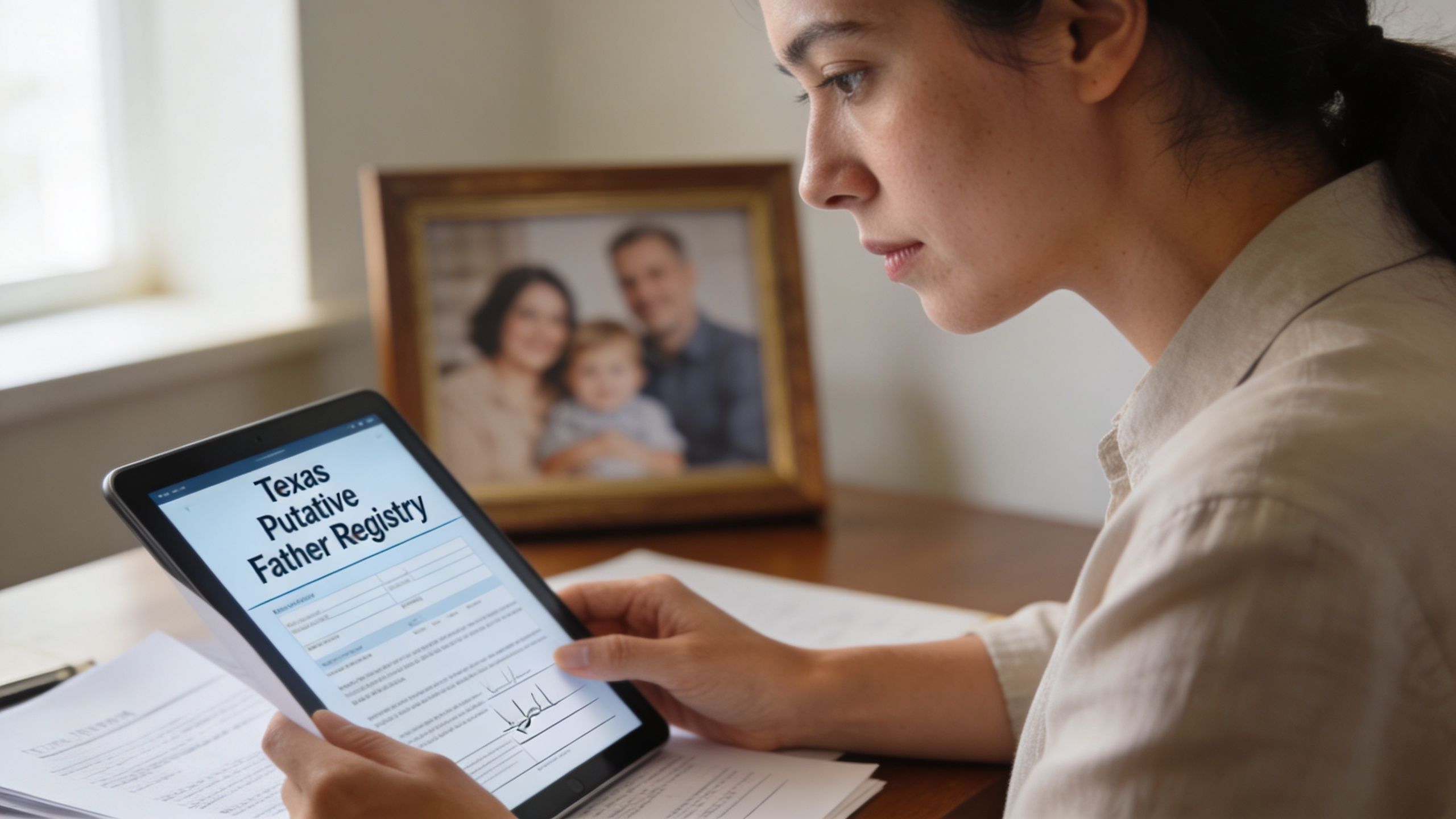 A woman reviewing the Texas Putative Father Registry form on her tablet with a family photo nearby.