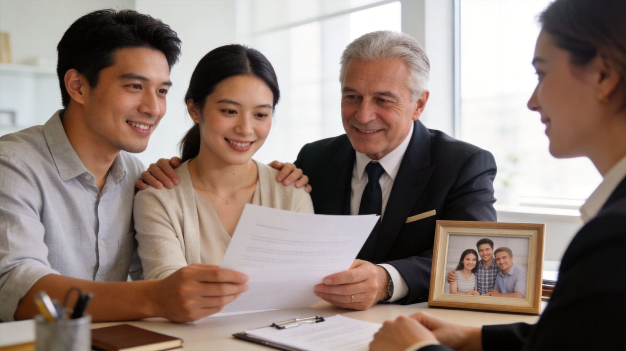 A young couple reviewing legal documents with an older man and a professional in an office setting.