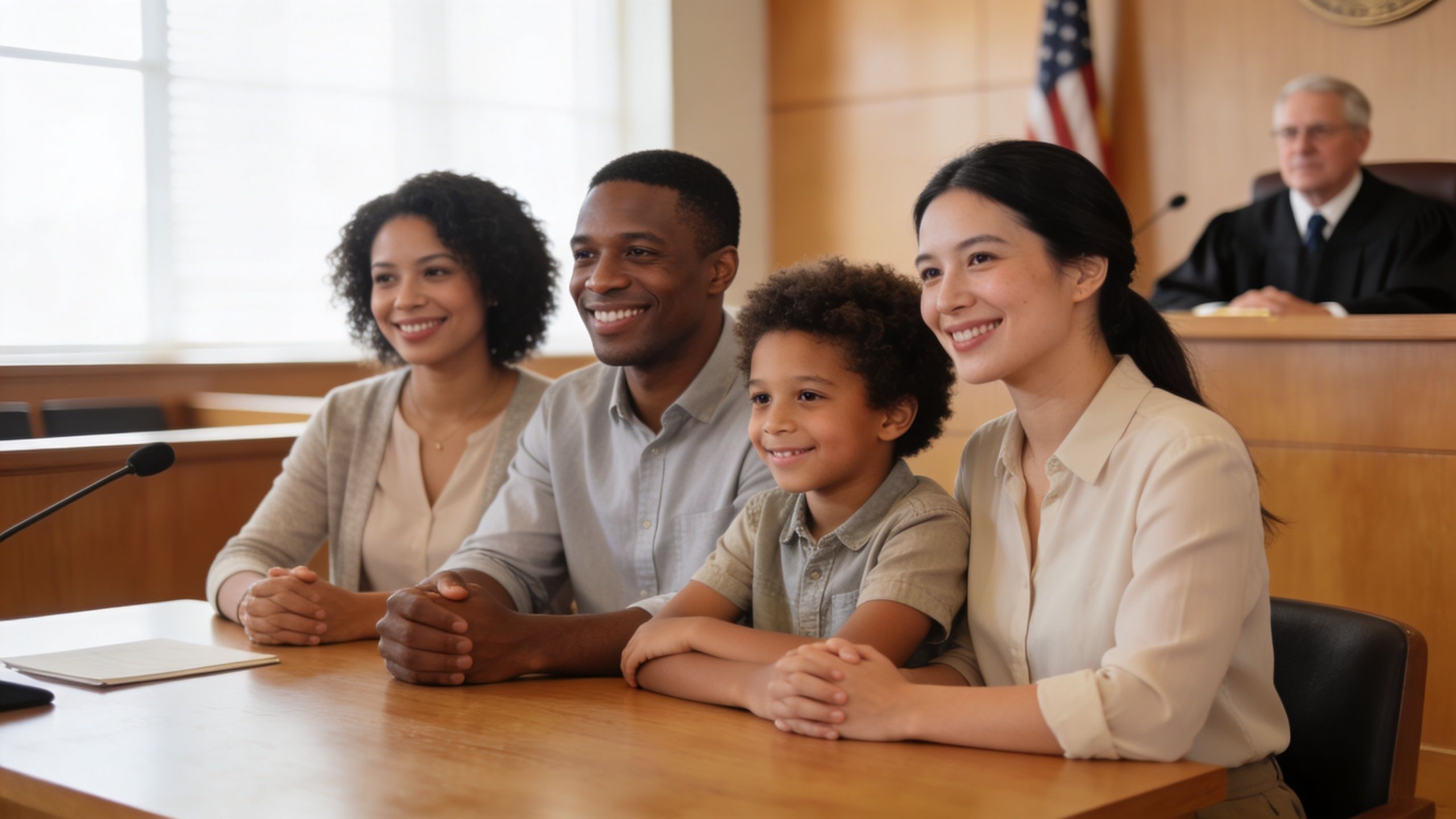A happy multi-ethnic family sitting in a courtroom during a legal adoption proceeding.