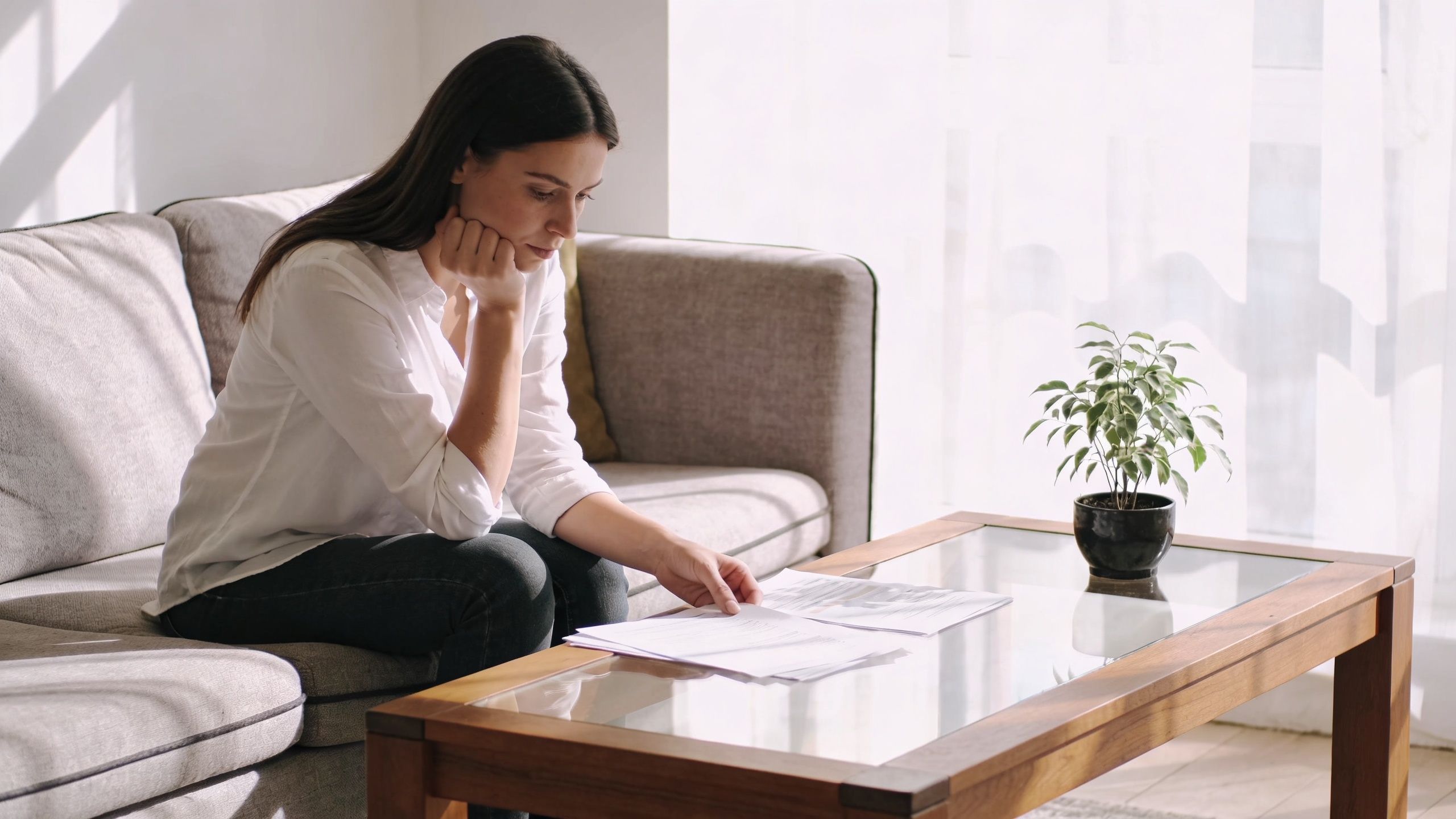 A young woman sits on a sofa looking concerned while reviewing legal documents on a glass table.