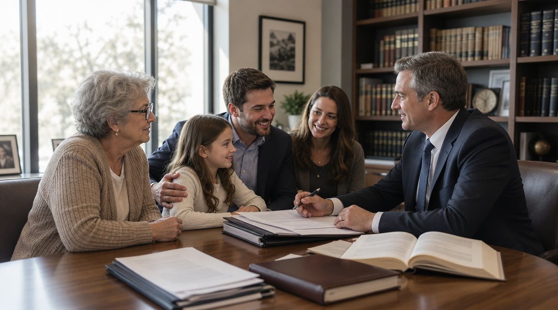 A family consulting with a lawyer in an office to discuss legal matters like adoption proceedings.