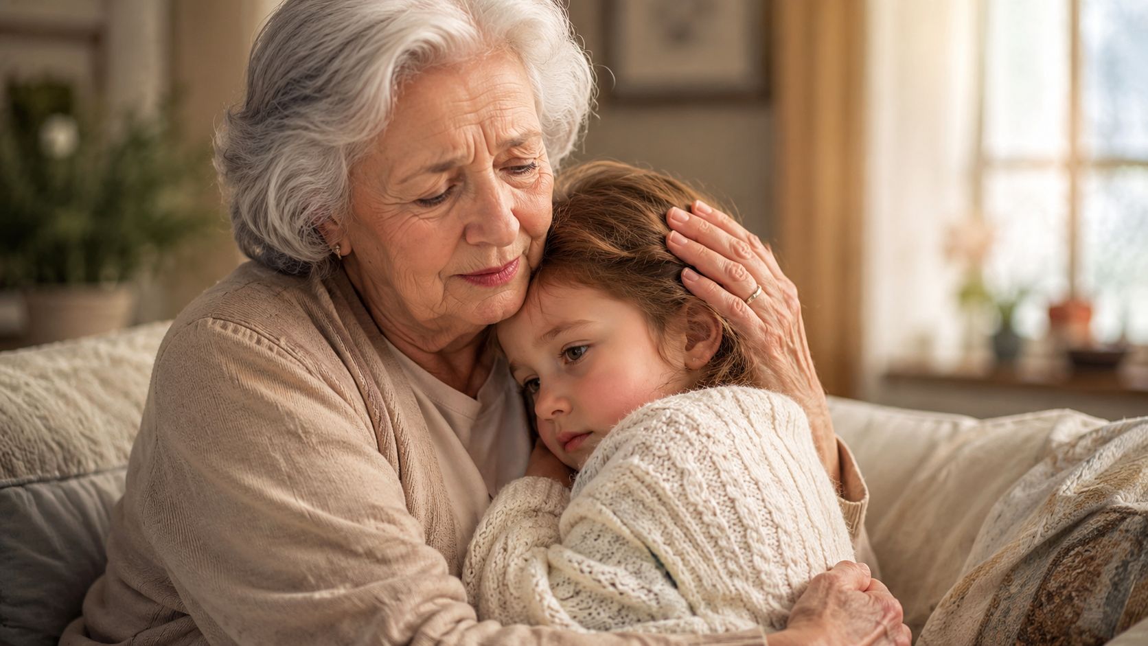 An elderly woman with white hair gently embraces and comforts a young girl in a warm living room.