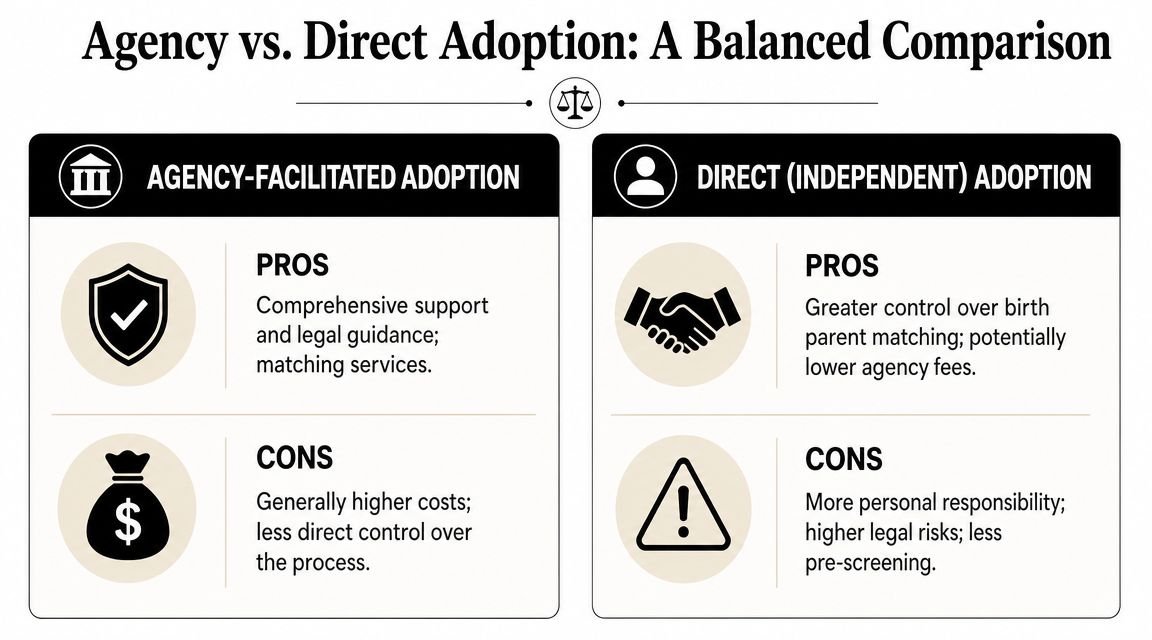 A comparison chart outlining the pros and cons of agency-facilitated adoption versus direct independent adoption for families.
