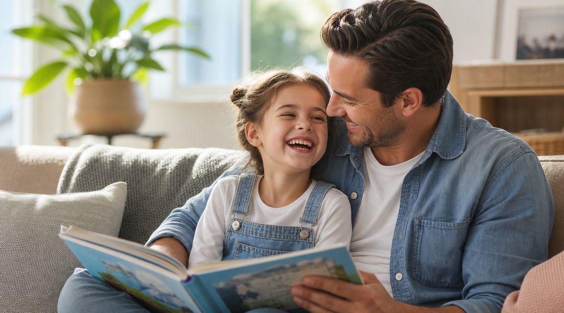A happy father and his young daughter sitting on a sofa and reading a storybook together.