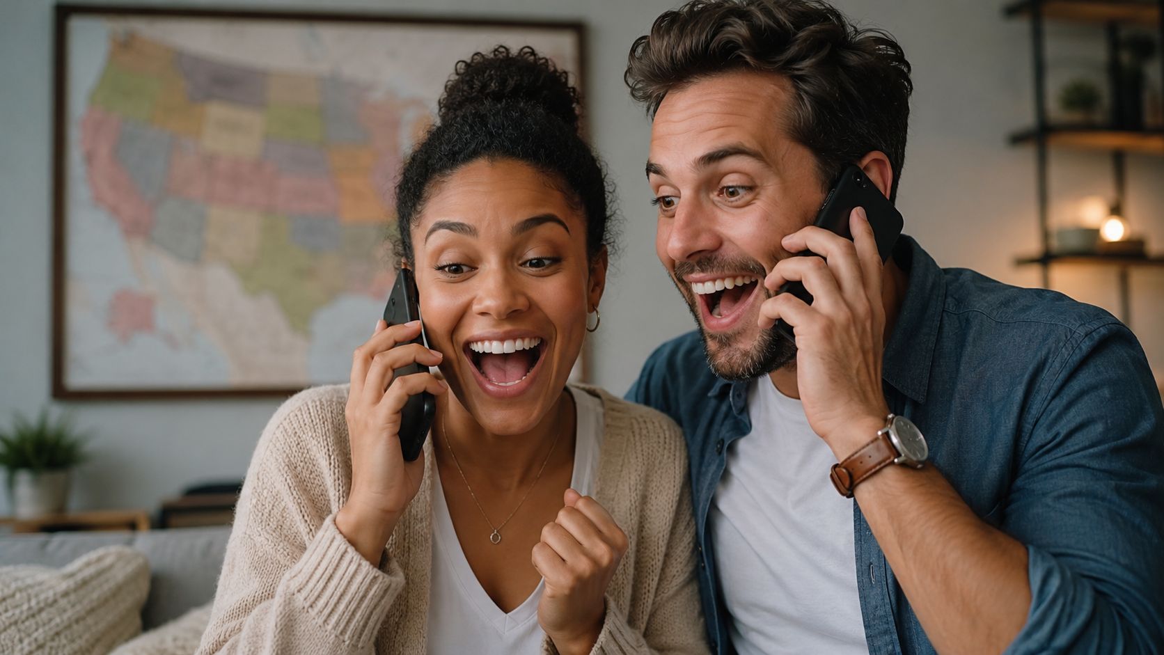 A joyful couple reacting excitedly while talking on their cell phones together in a cozy living room.