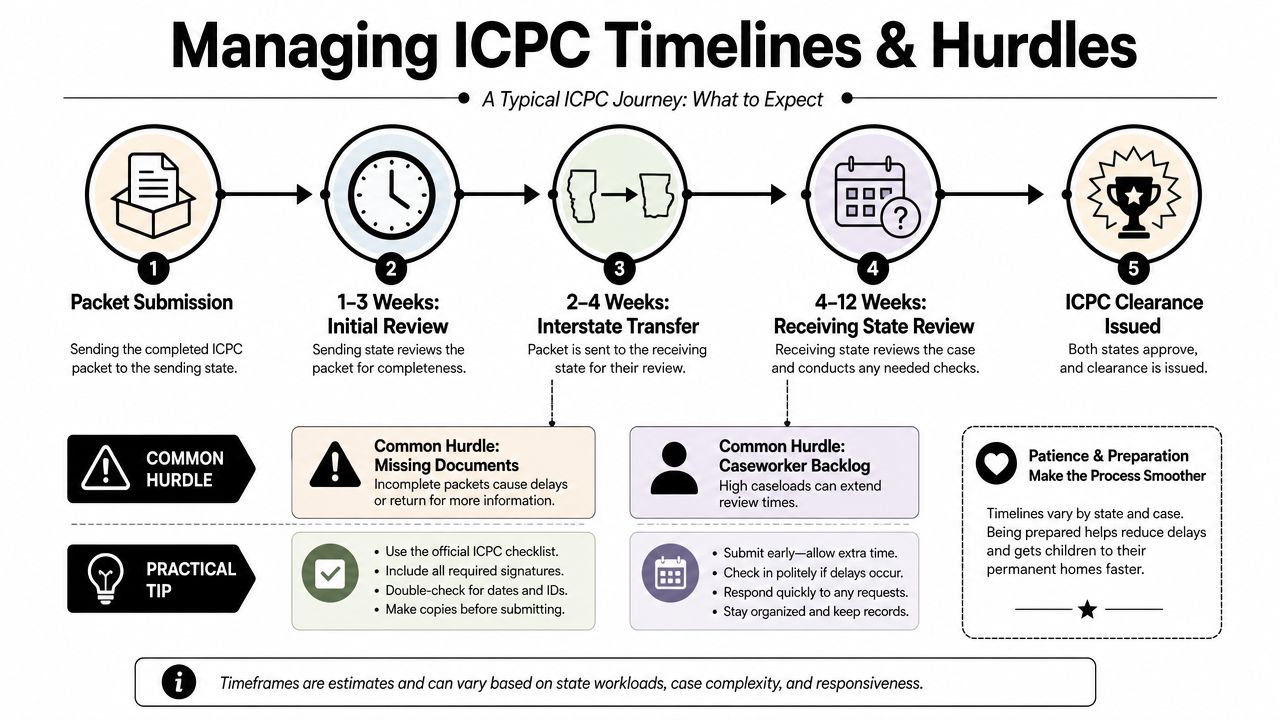 An infographic detailing the five-step ICPC timeline and common hurdles during interstate adoption processes.