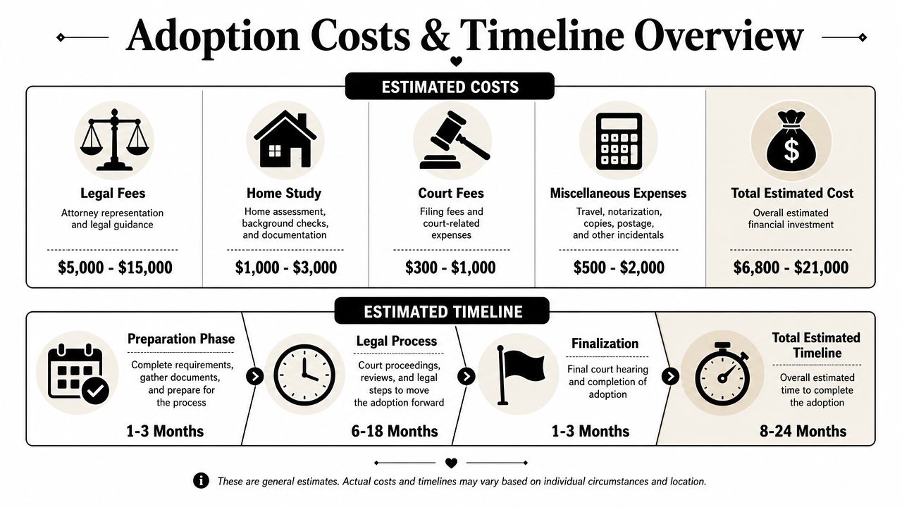 An infographic showing the general costs and estimated timeline for the adoption process.