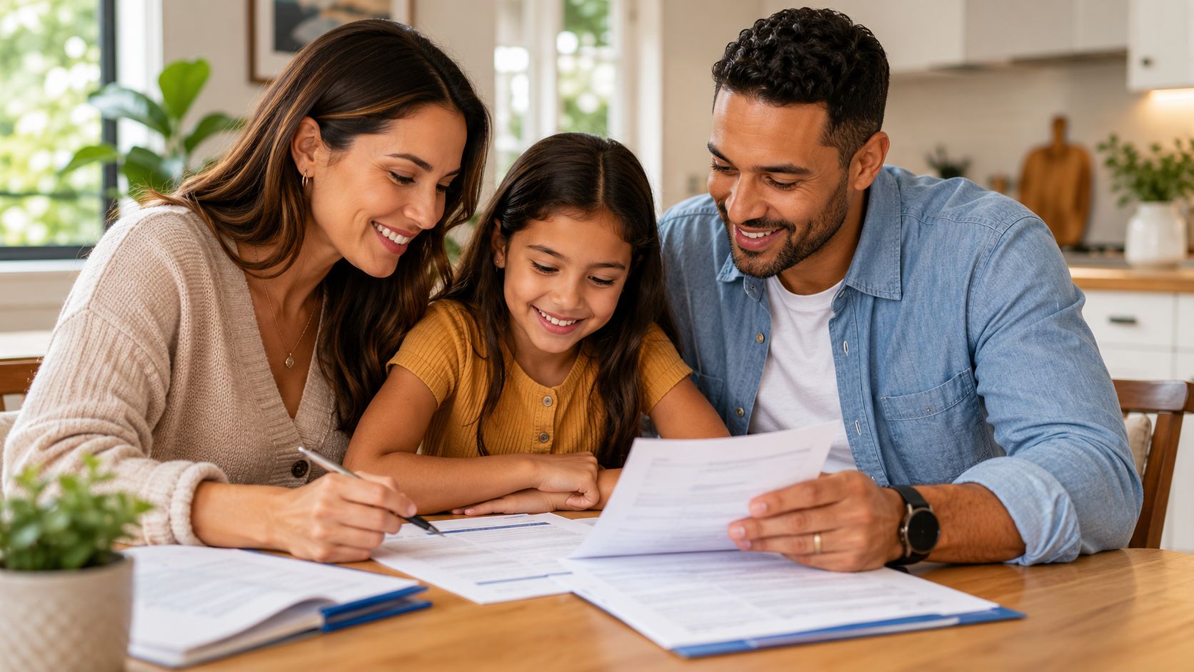 A happy family sitting together at a wooden table reviewing legal adoption documents with smiles.