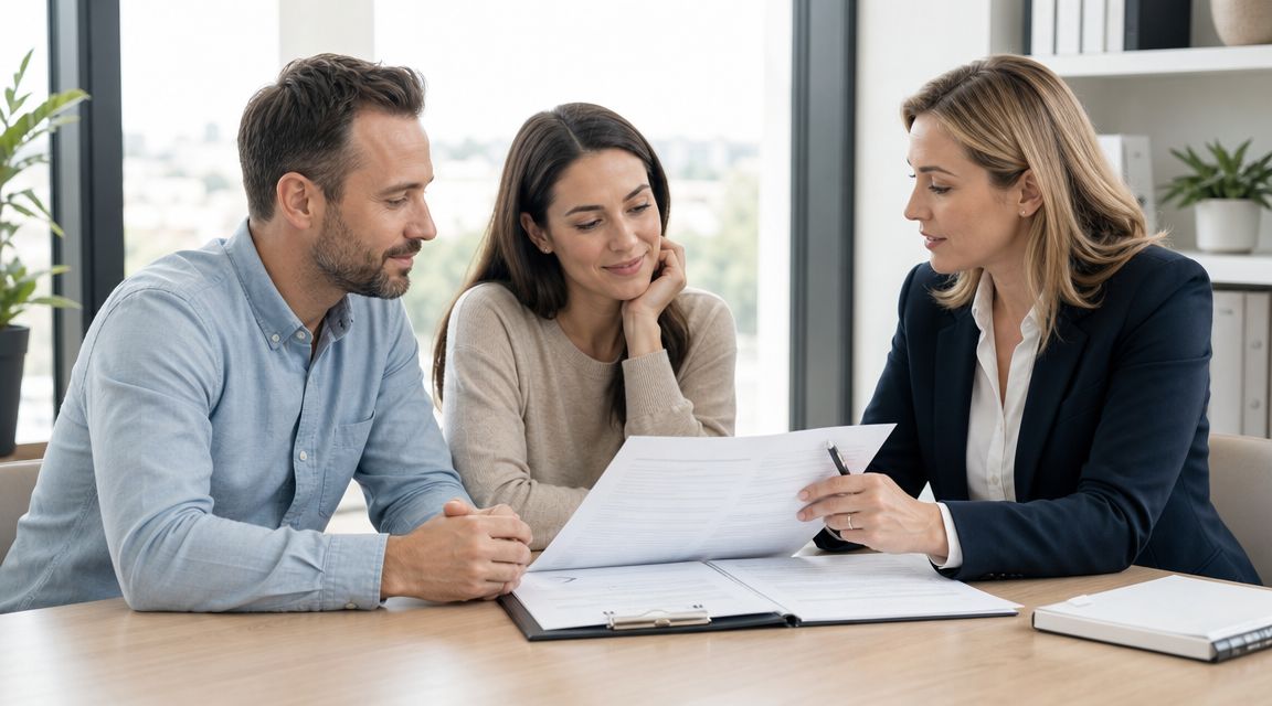 A professional financial advisor presenting legal documents to a couple sitting at a desk for consultation.