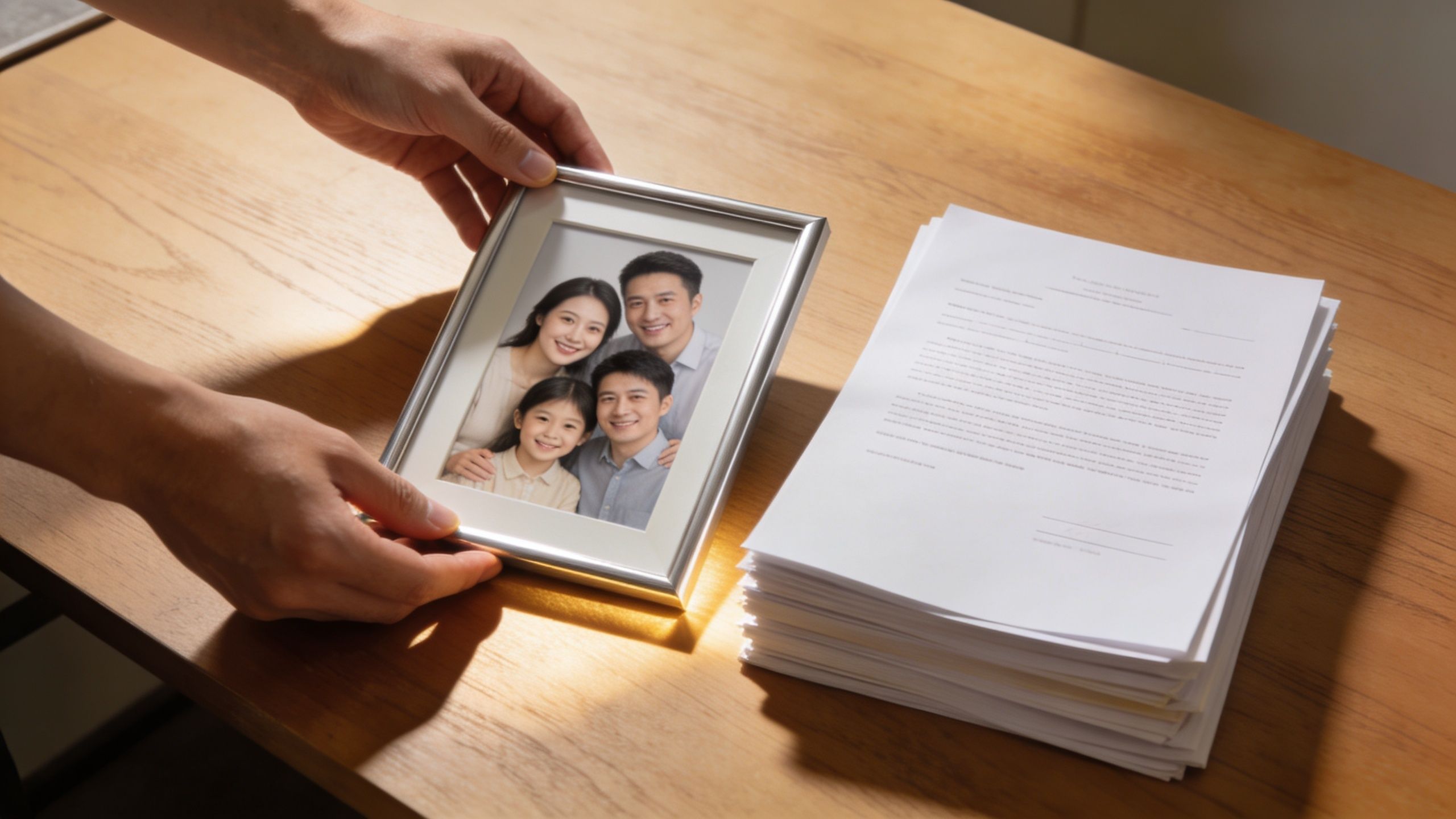 A person holding a framed family photo next to a large stack of legal documents.
