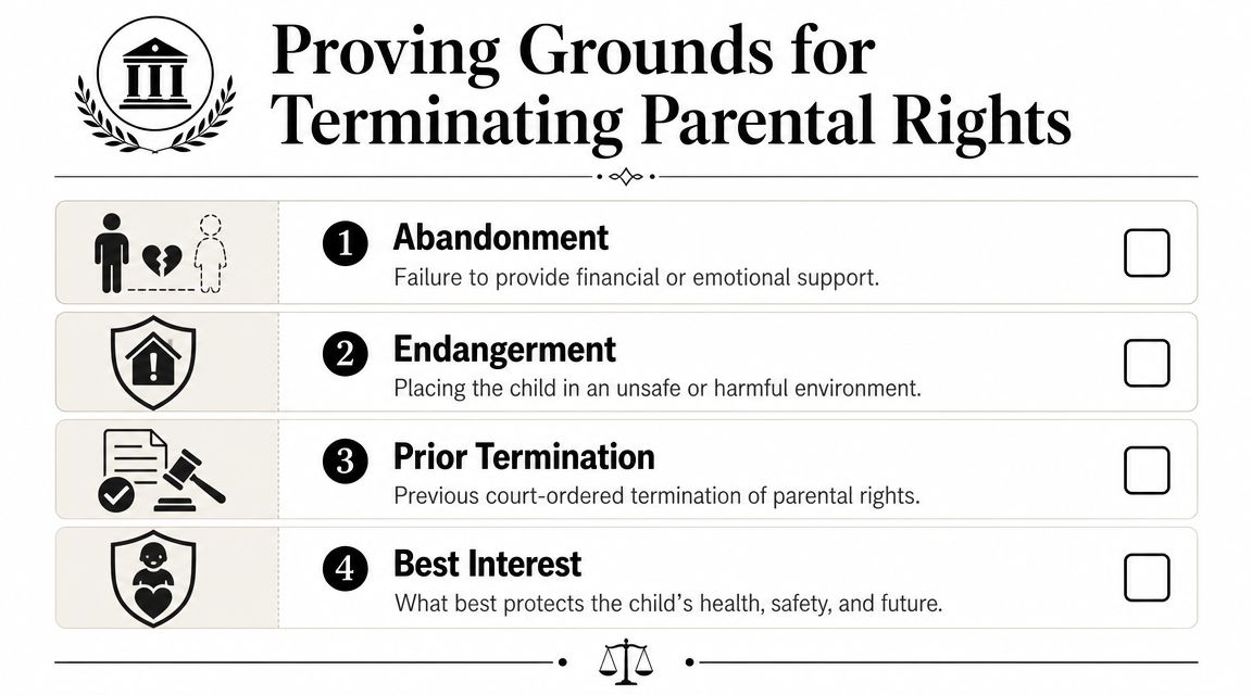 A list titled Proving Grounds for Terminating Parental Rights, listing abandonment, endangerment, prior termination, and best interest.