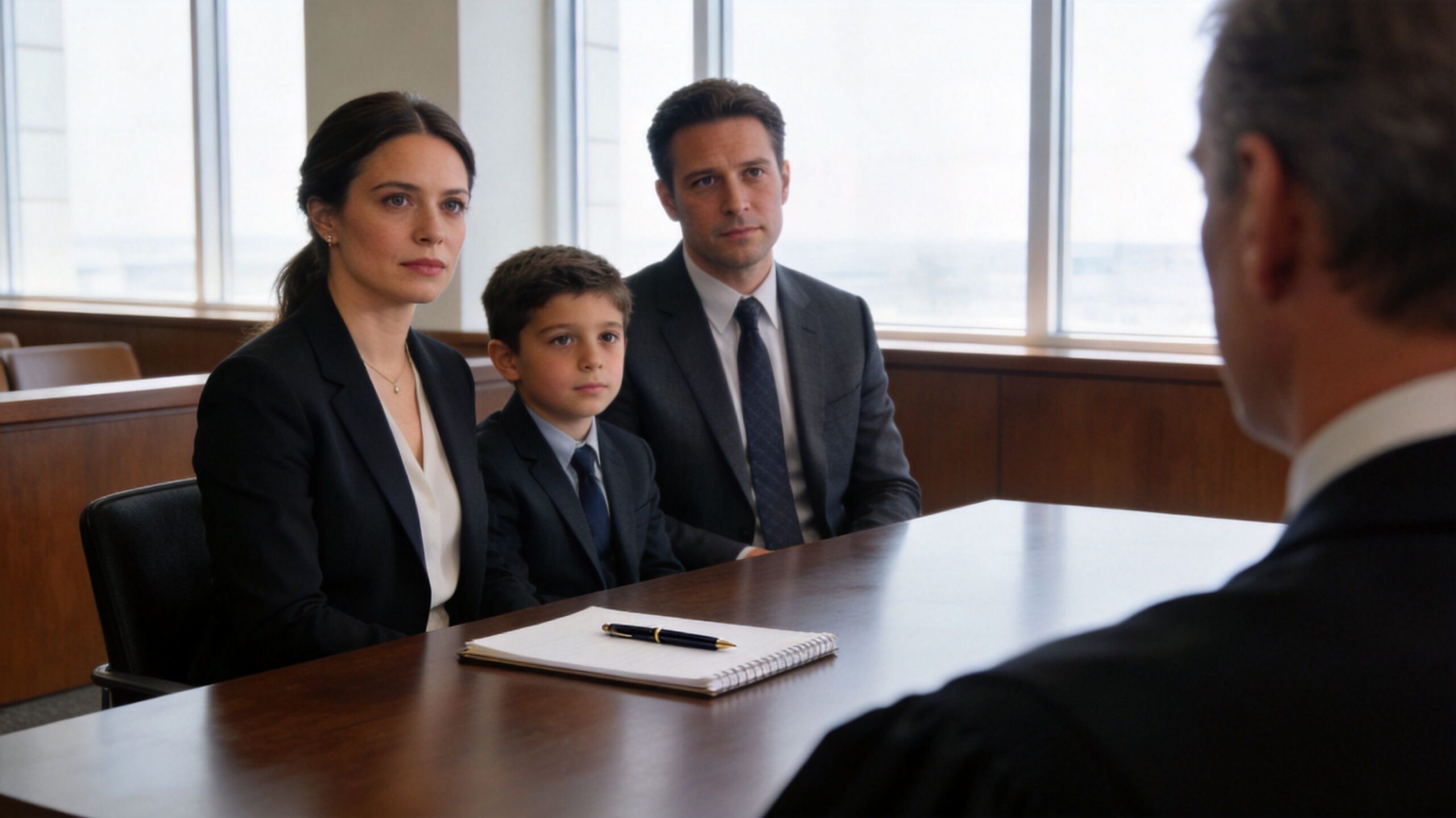 A family of three sitting in a courtroom meeting with an unseen judge during adoption proceedings.