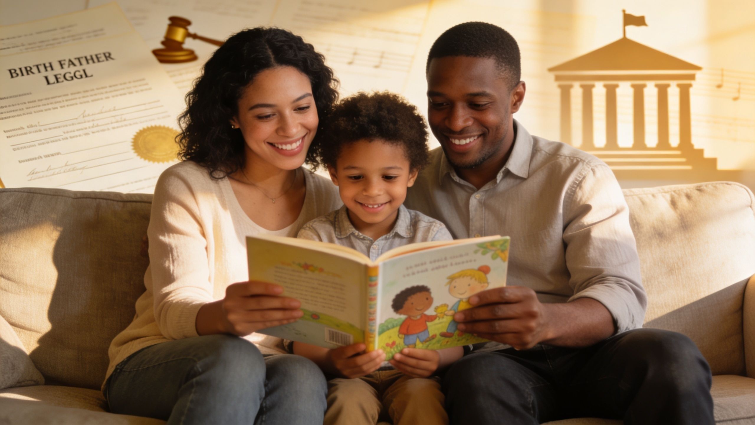 A happy family of three reading a children's book together while sitting on a comfortable sofa.