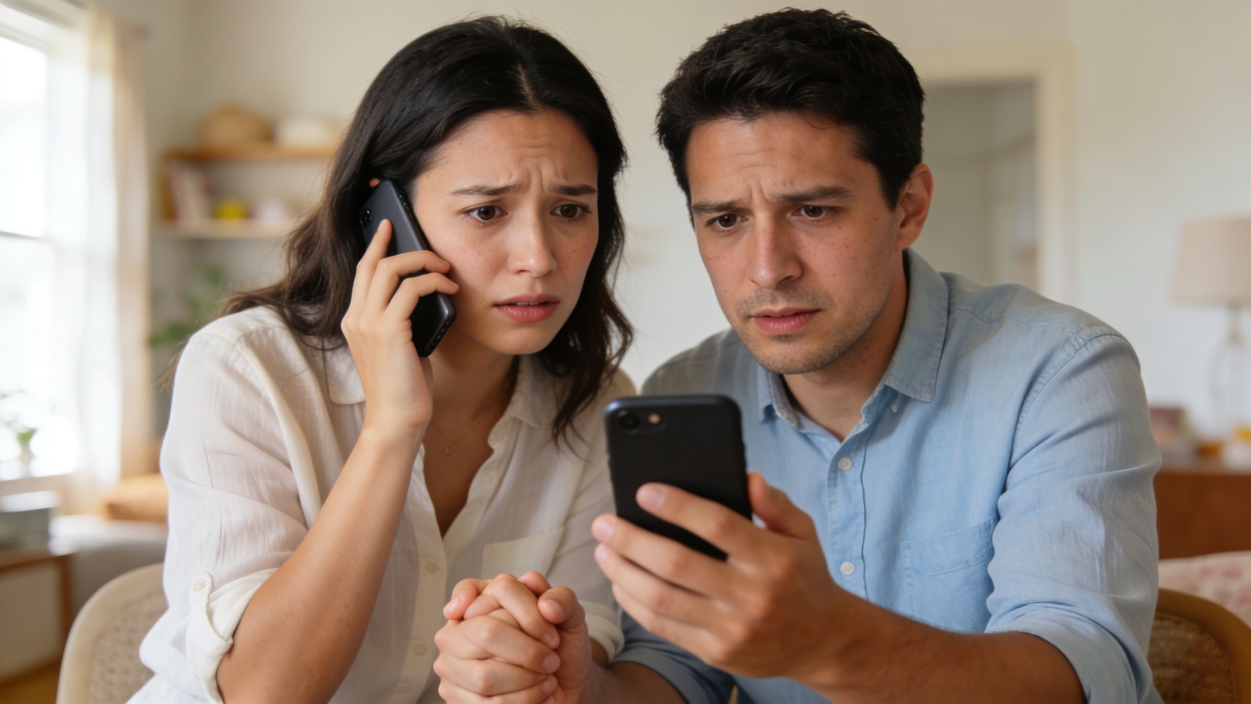 A concerned couple looking at a smartphone screen while the woman talks on another phone in the house.