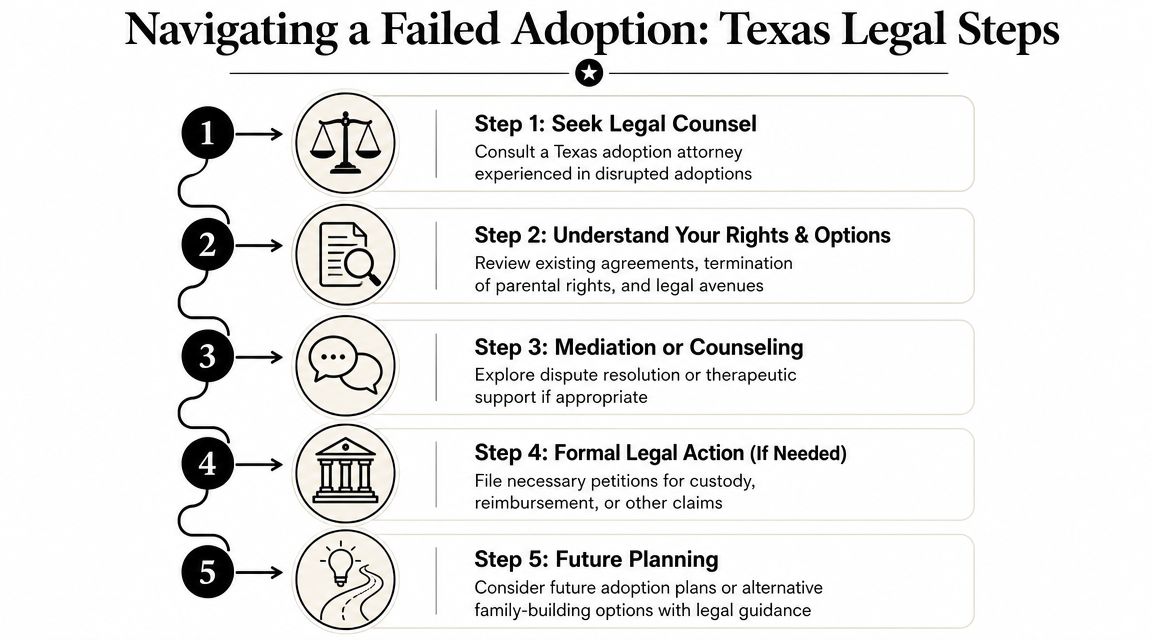 An infographic titled Navigating a Failed Adoption detailing five legal steps for families in Texas.