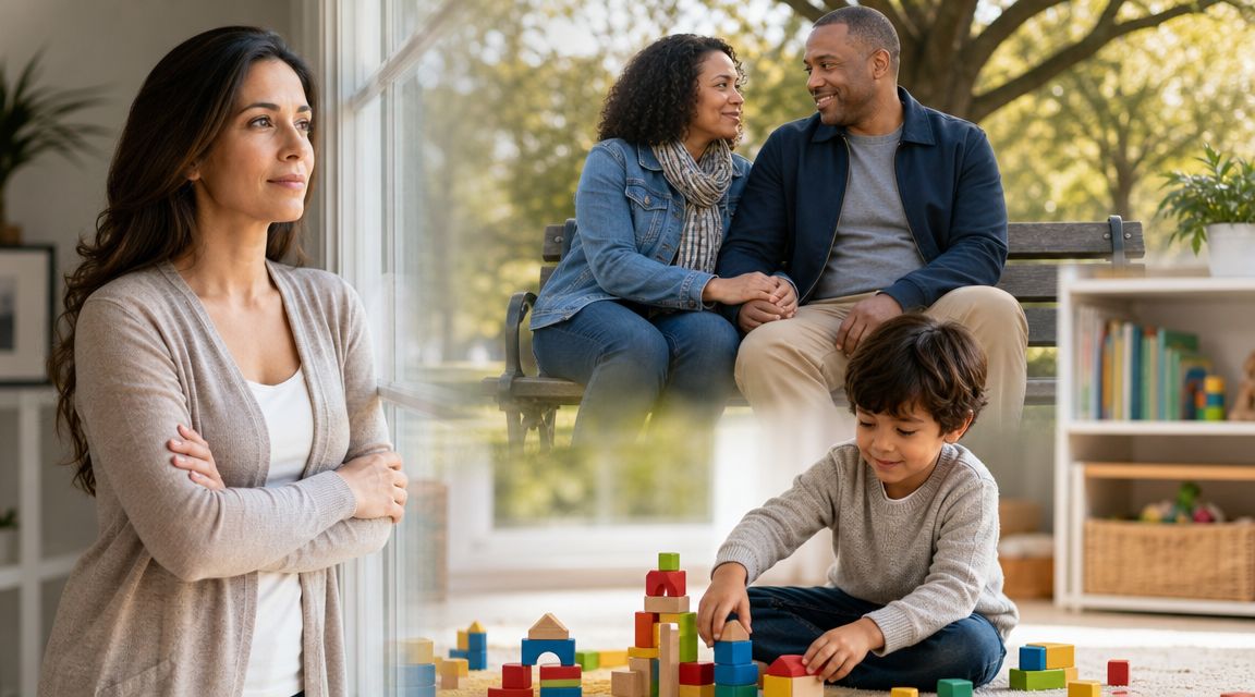 A woman stands by a window while thinking about a happy family and a child playing.