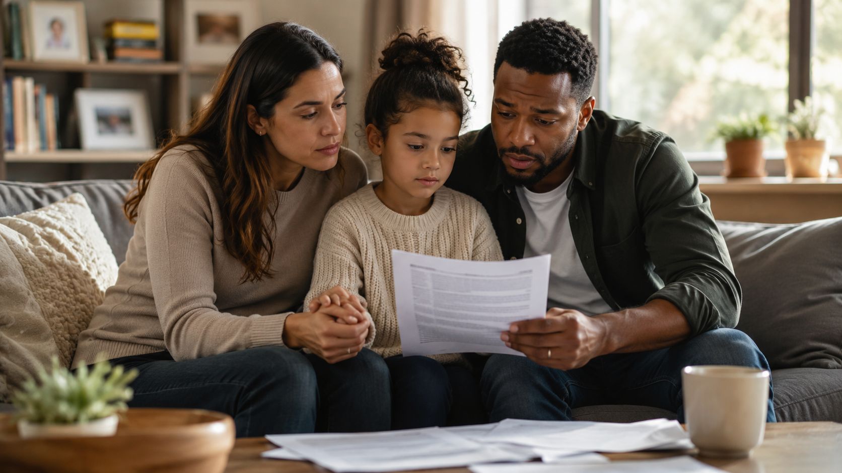 A concerned family reviewing legal documents together in their living room while sitting on a couch.