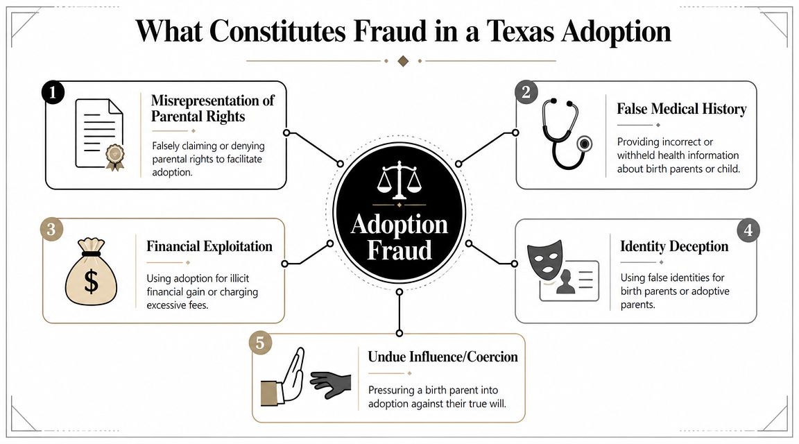 An infographic detailing five common types of fraud that can occur during the adoption process in Texas.