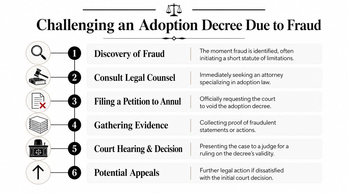 A six-step infographic illustrating the legal process for challenging an adoption decree due to fraud.