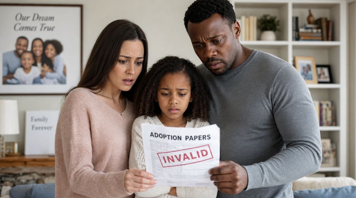 A concerned family looking at adoption papers stamped with the word invalid in their living room.