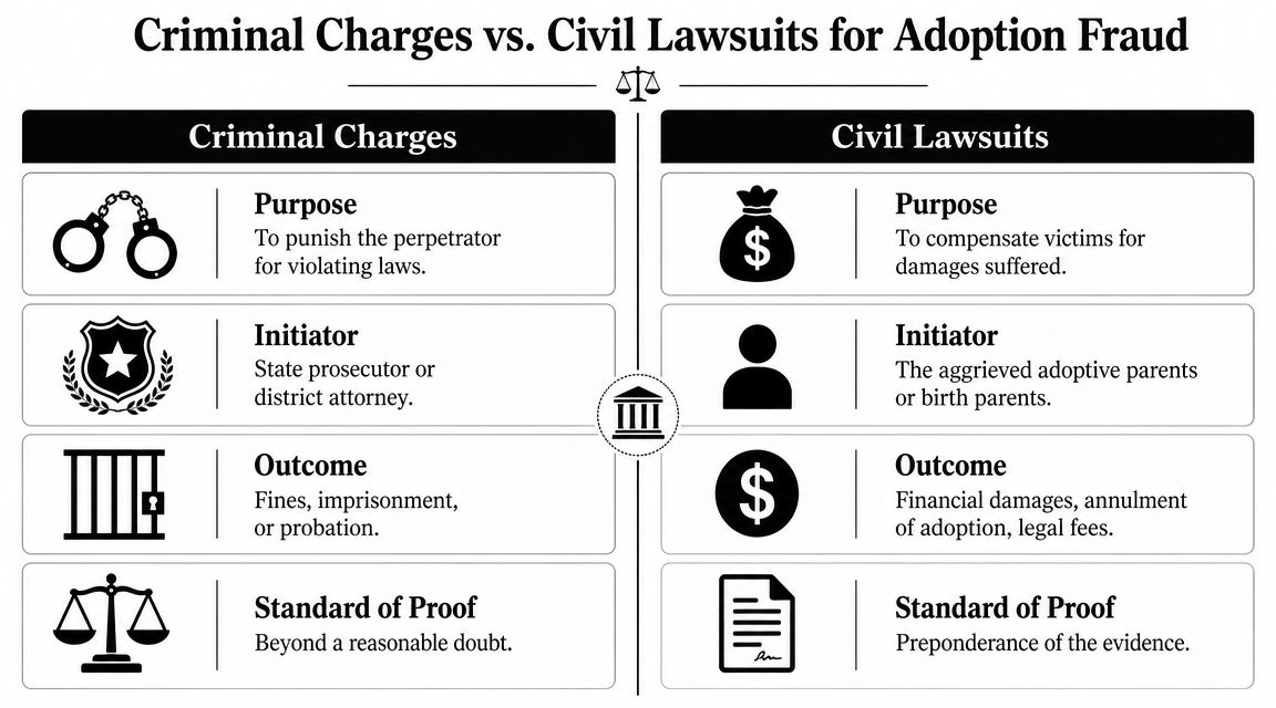 A comparison chart outlining the key differences between criminal charges and civil lawsuits for adoption fraud cases.