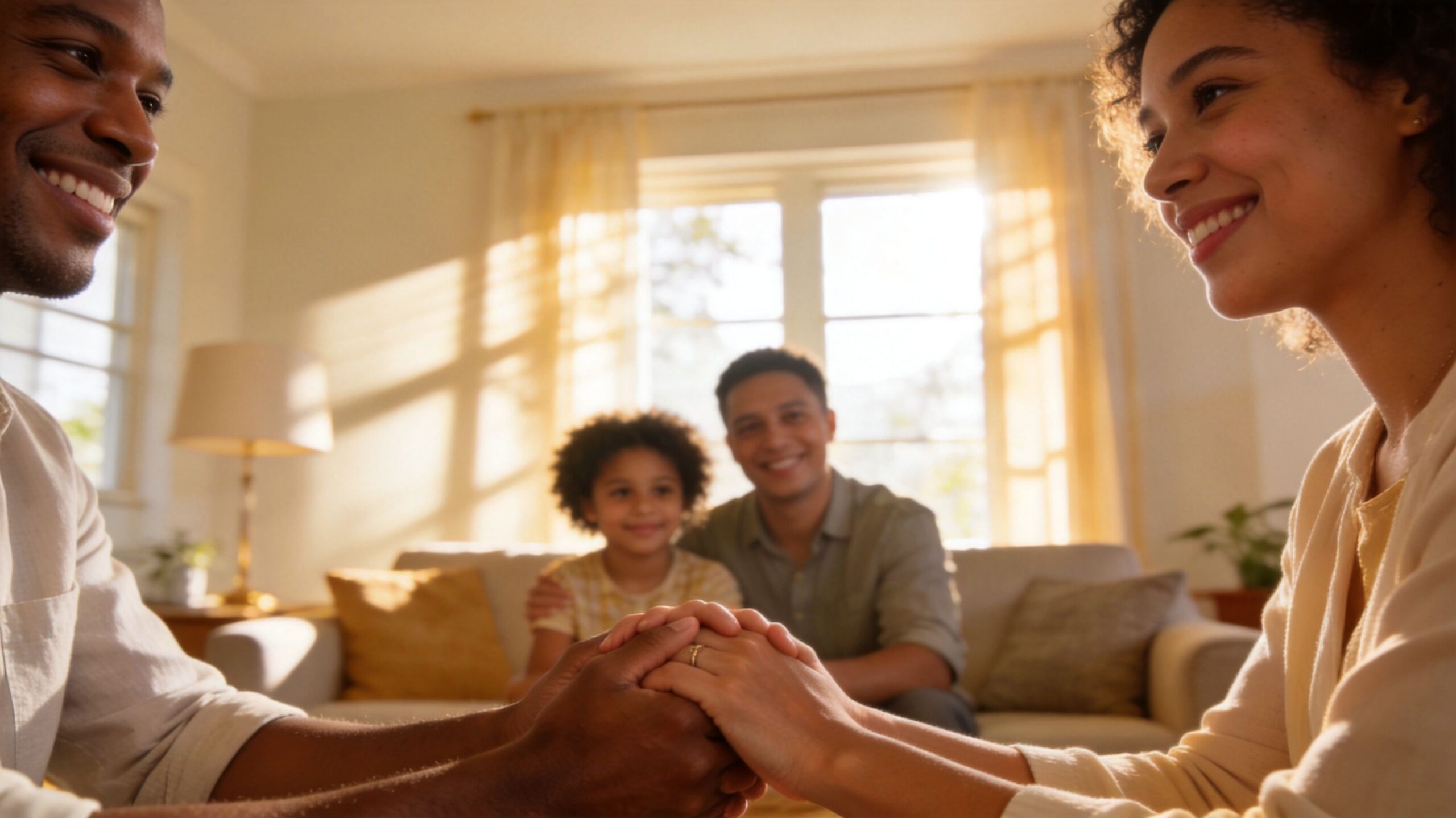 A happy couple holding hands while a family sits together in a bright, sunlit living room background.