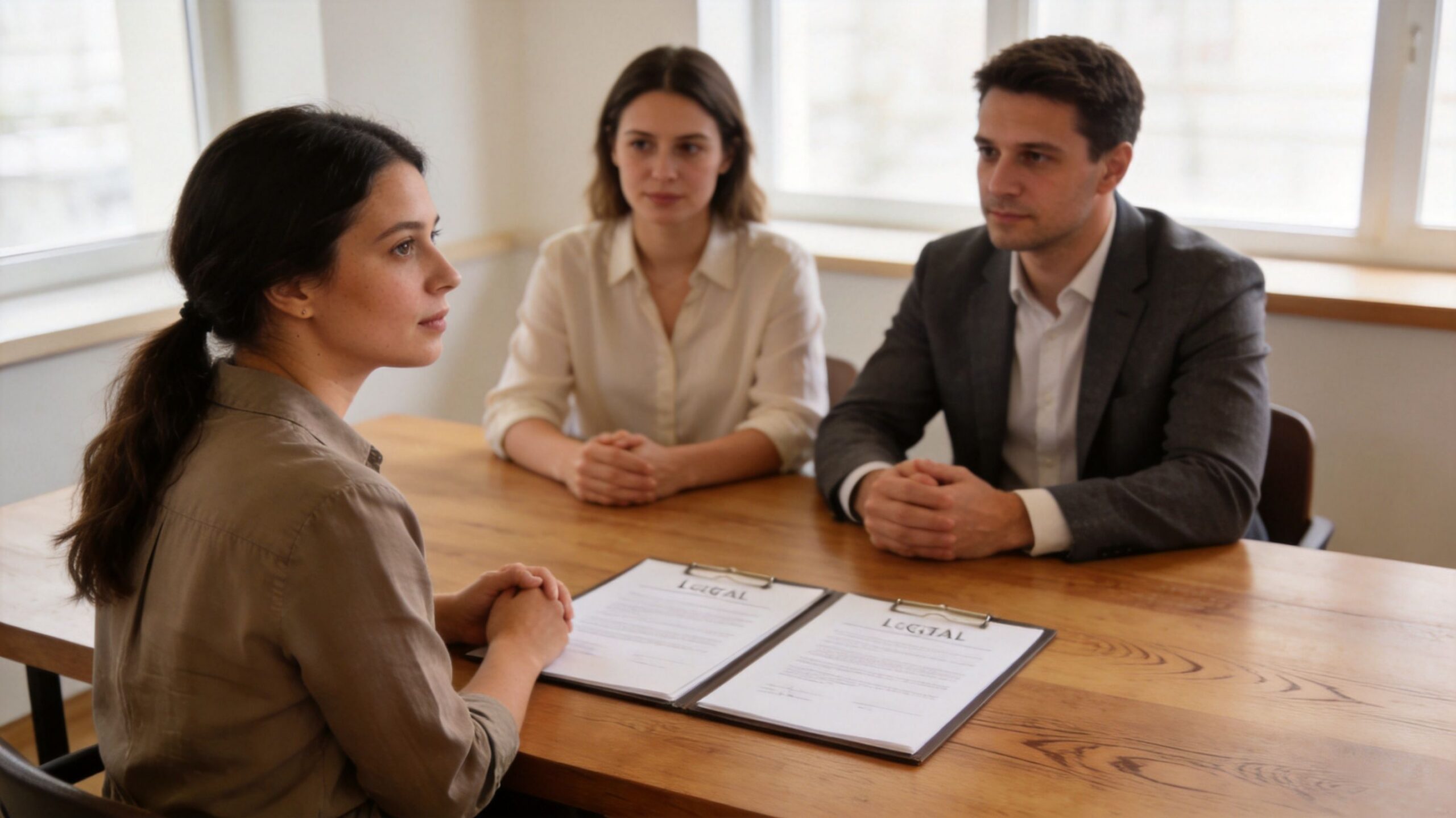 A woman sits across from a professional couple at a table to review legal adoption documents.