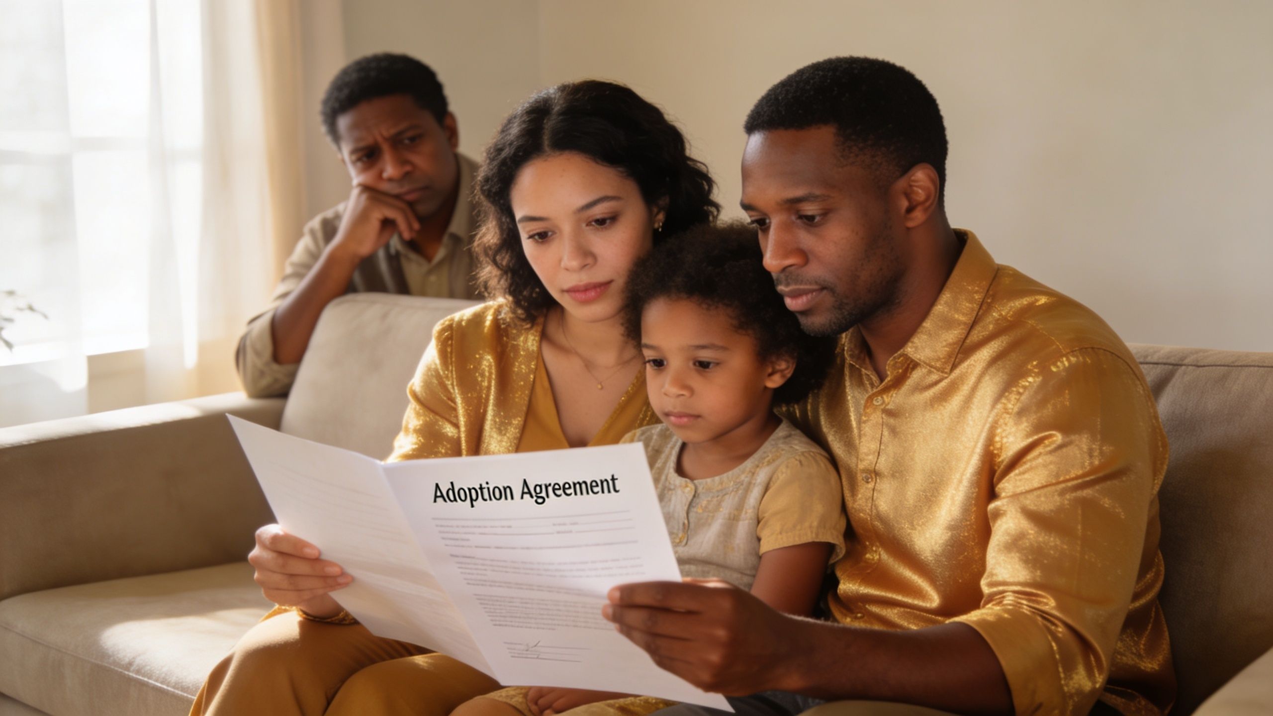 A family reading an adoption agreement document together while sitting on a couch in a living room.