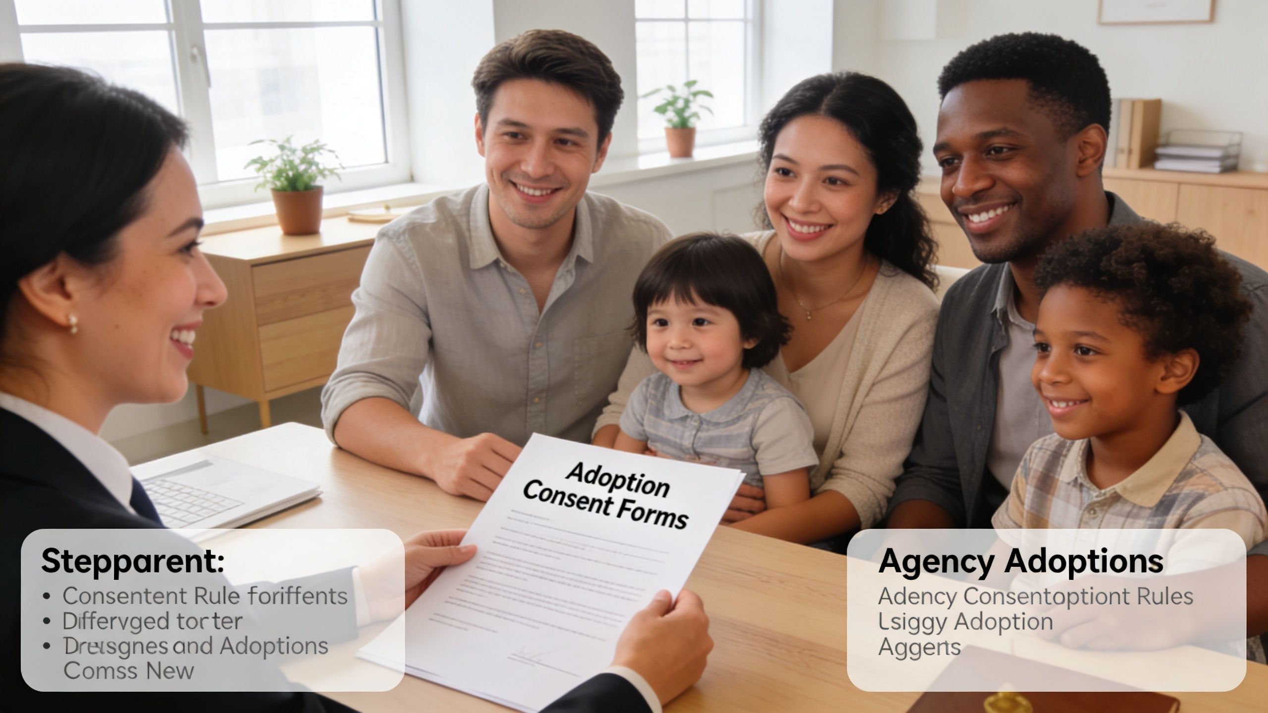 A professional meeting where a family discusses legal adoption consent forms with an agency representative.