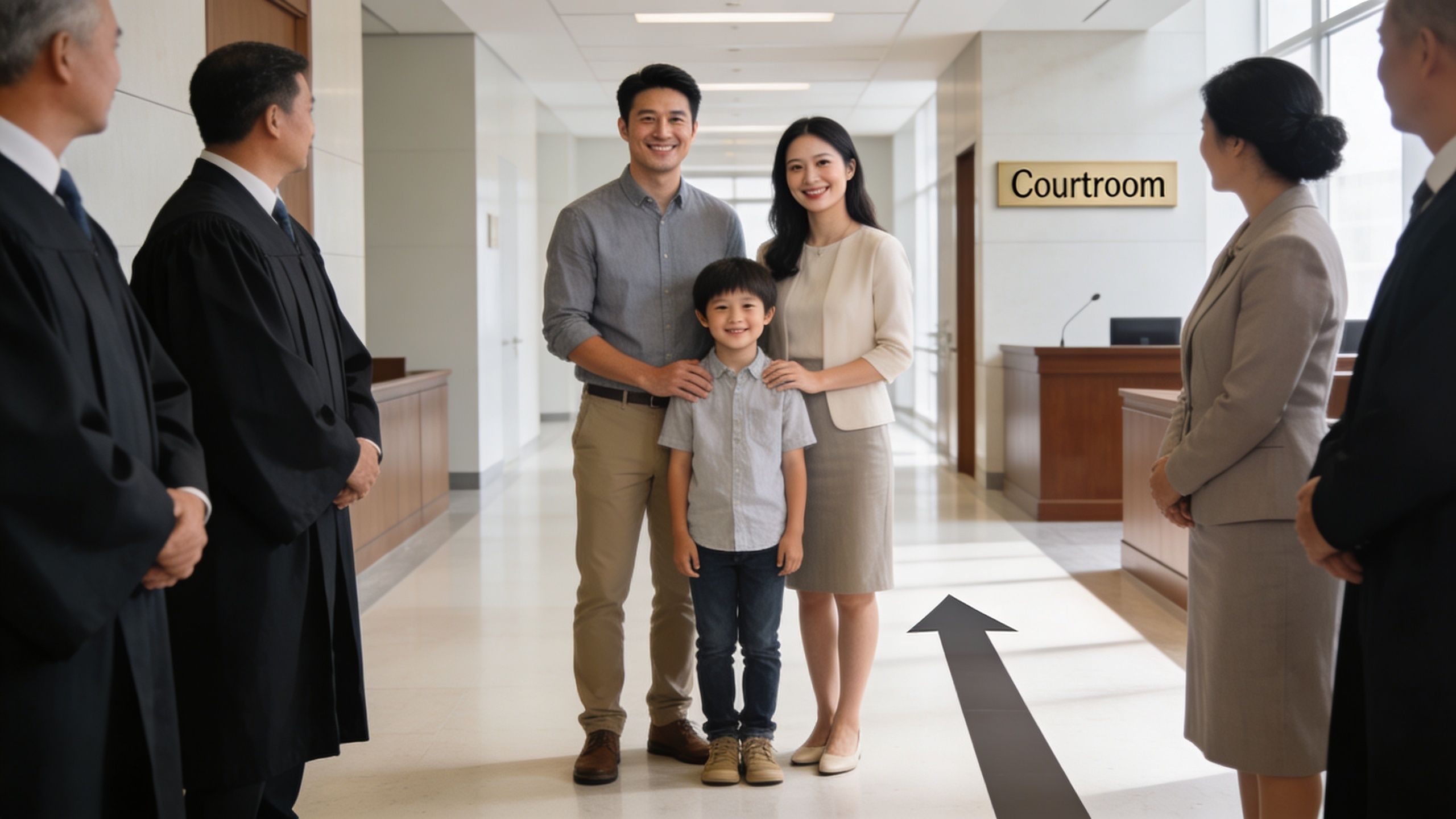 A family stands in a courthouse hallway with legal professionals in the background near a courtroom sign.