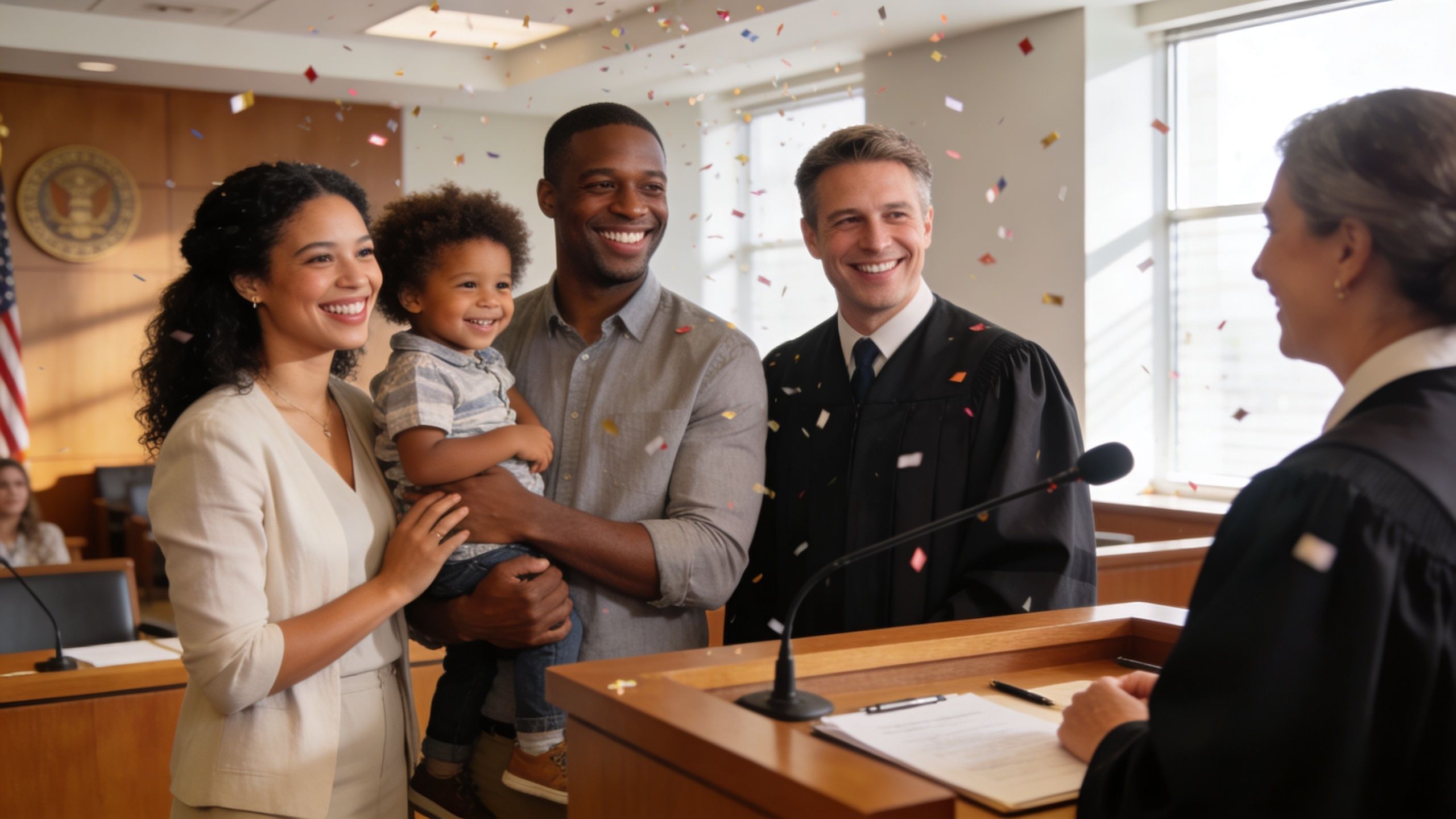 A happy family celebrating their adoption with a judge in a courtroom filled with falling confetti.