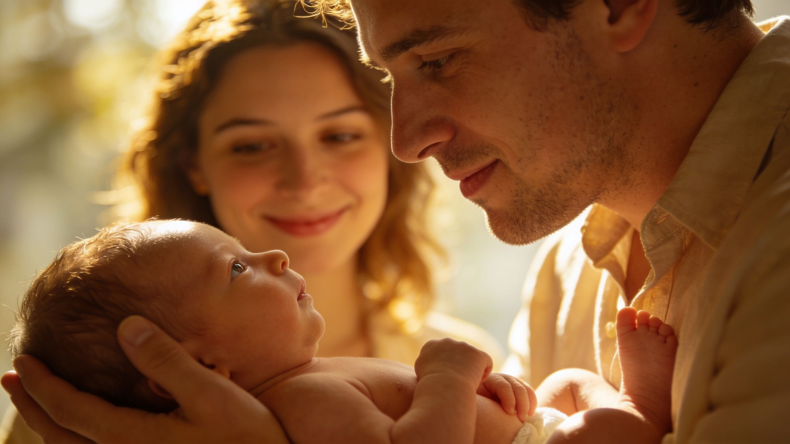 A loving couple looks down with affection and warmth at their newborn baby held in their arms.