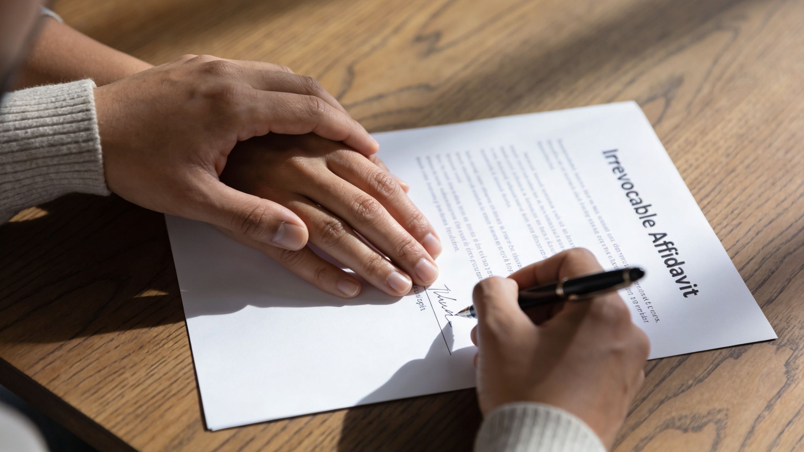 A person signs an Irrevocable Affidavit document while another person gently places a supportive hand on theirs.