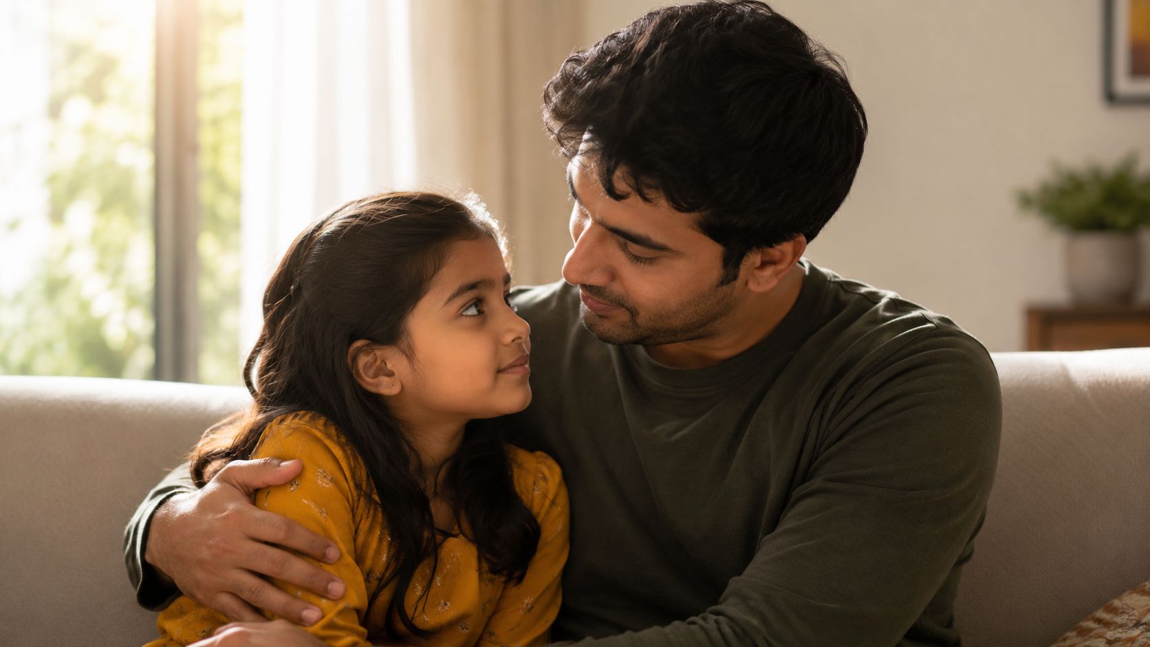 A caring uncle sits on a sofa, looking affectionately at his young niece with a gentle expression.